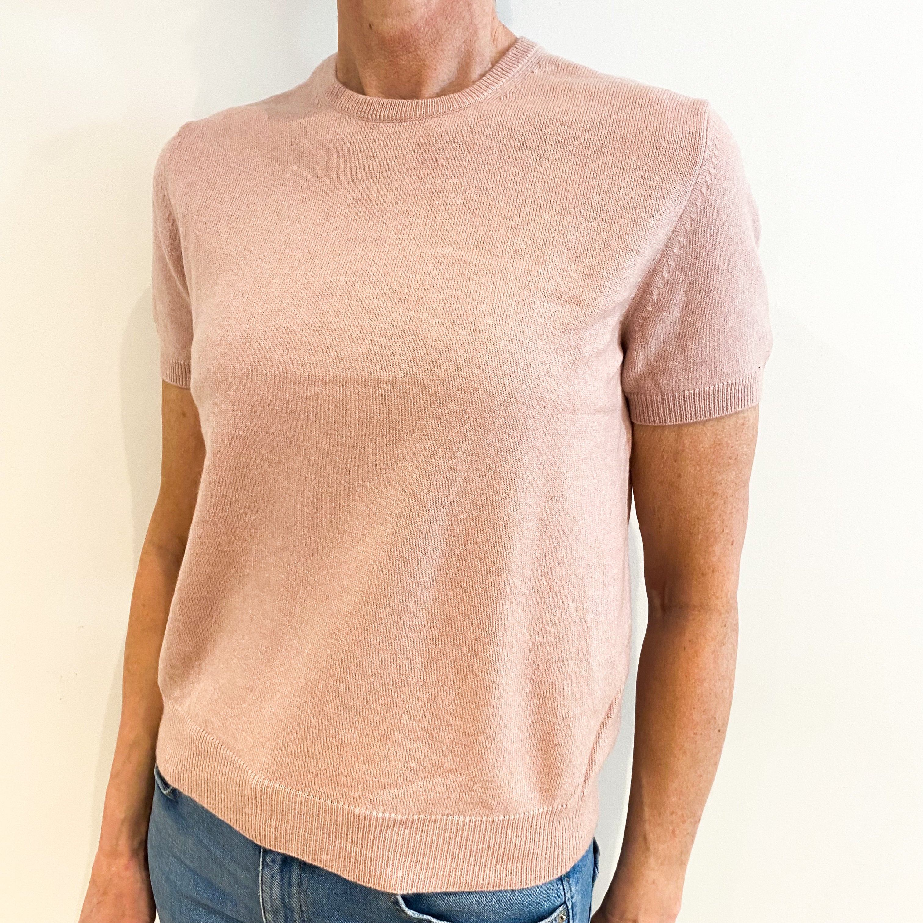 Dusky Pink Cashmere Crew Neck Short Sleeved Jumper Small