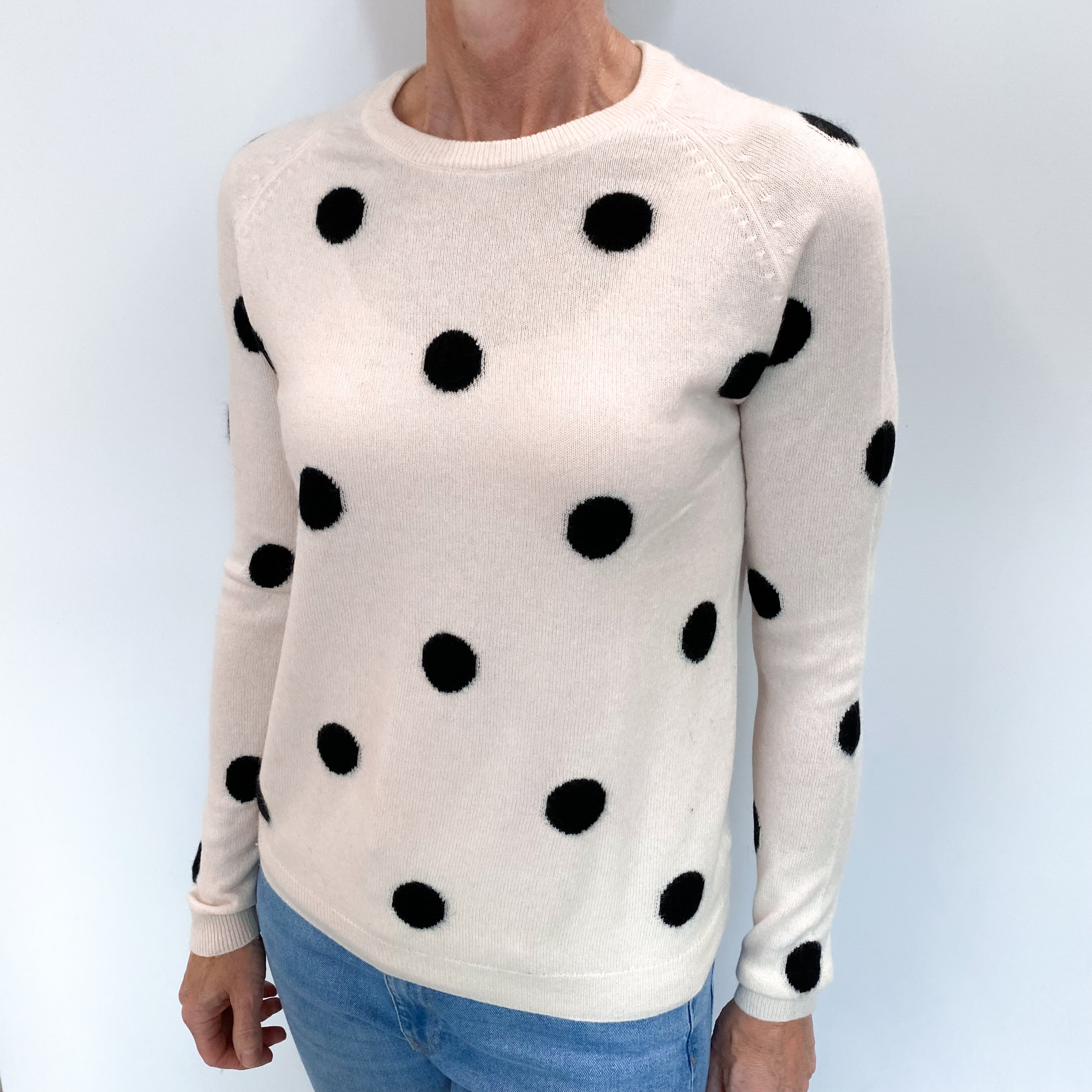 Cream Polka Dot Cashmere Crew Neck Jumper Small