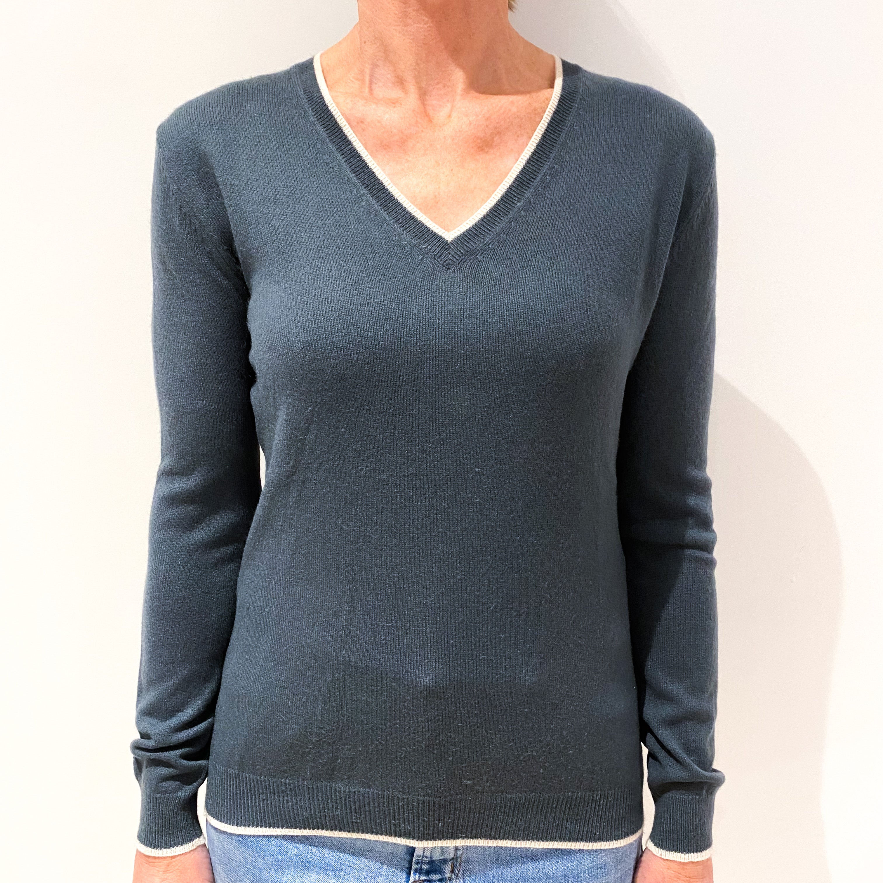 Slate Grey with Cream Edging Cashmere V-Neck Jumper Small