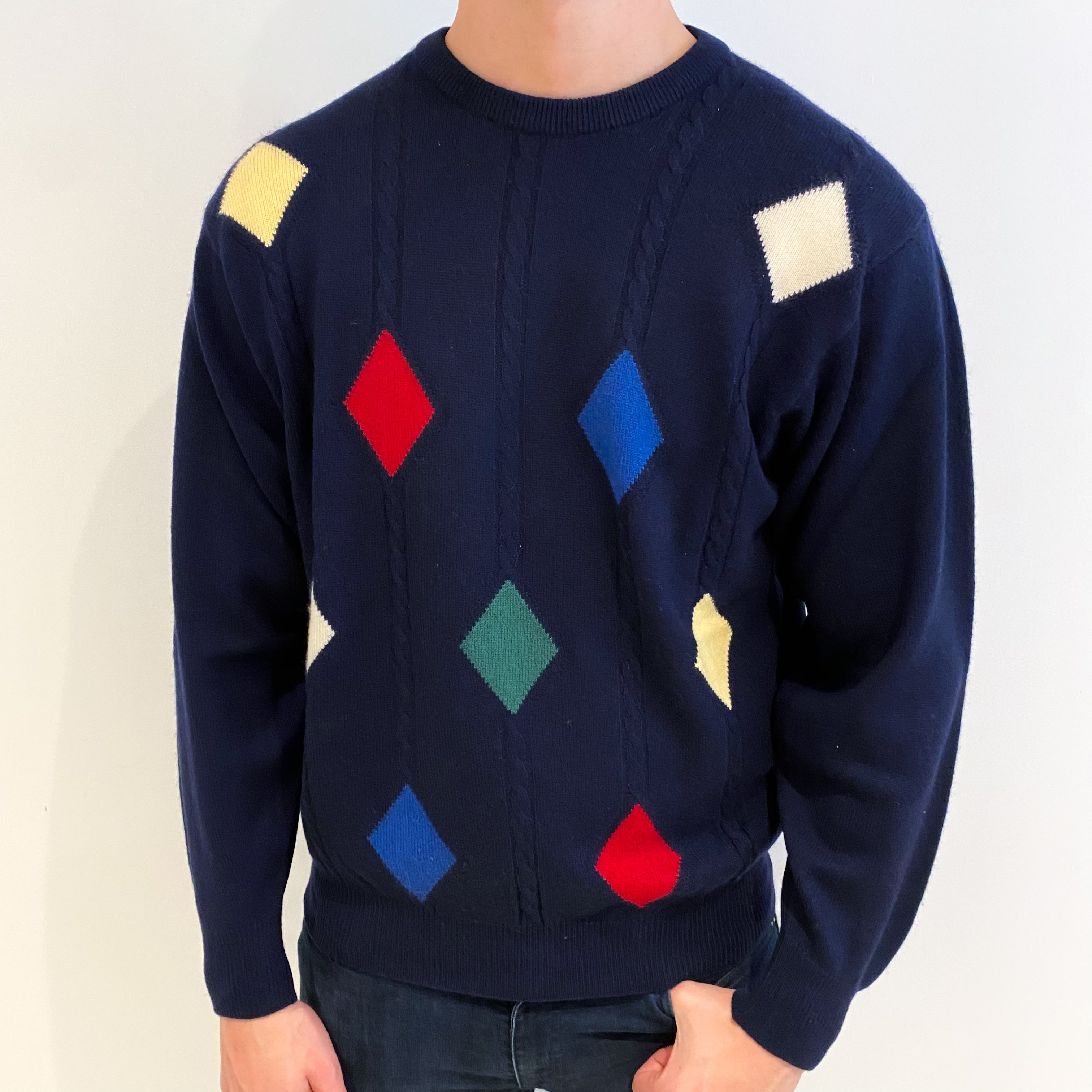 Men's Scottish Navy Blue Diamond Cashmere Crew Neck Jumper XXL