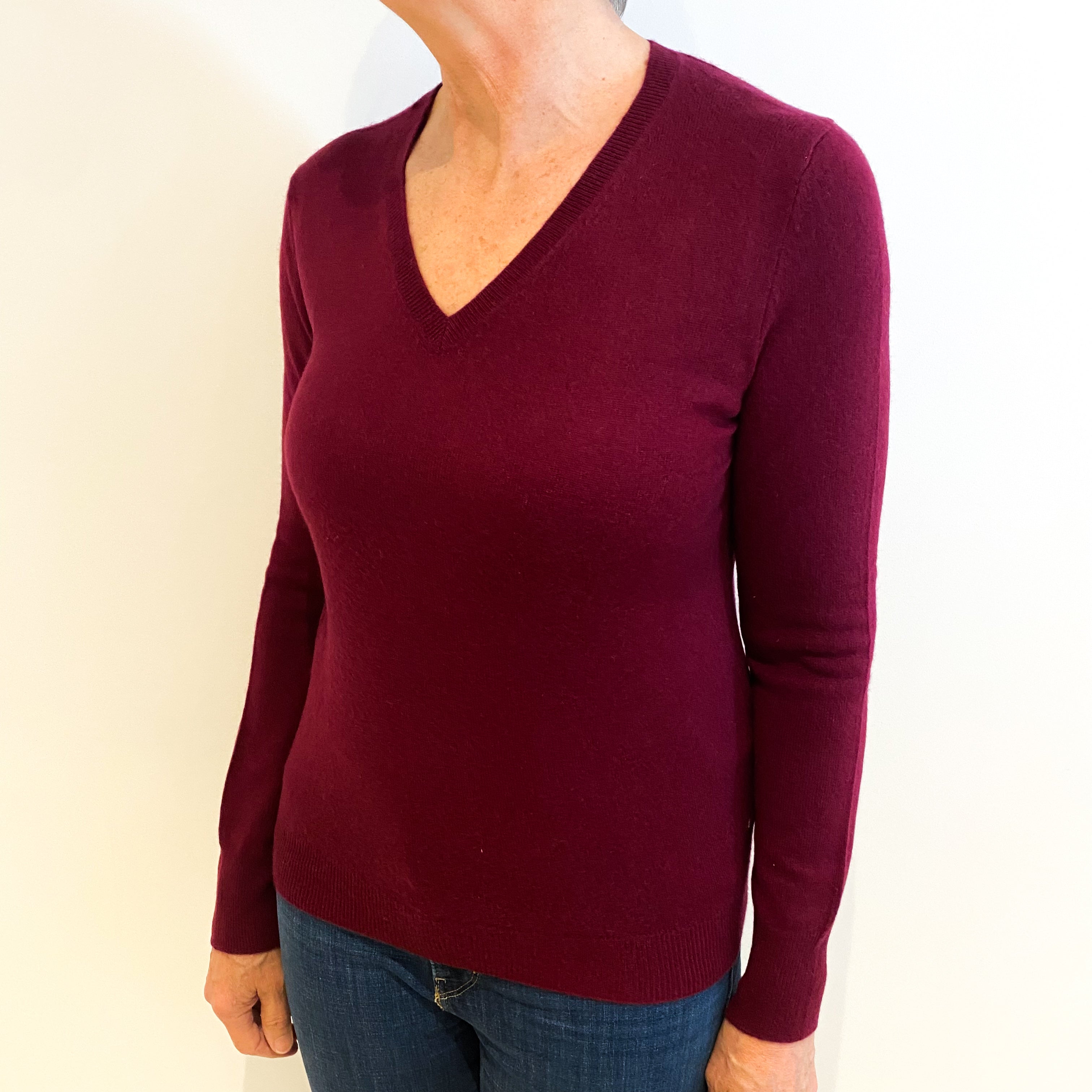 Burgundy Red Cashmere V Neck Jumper Medium