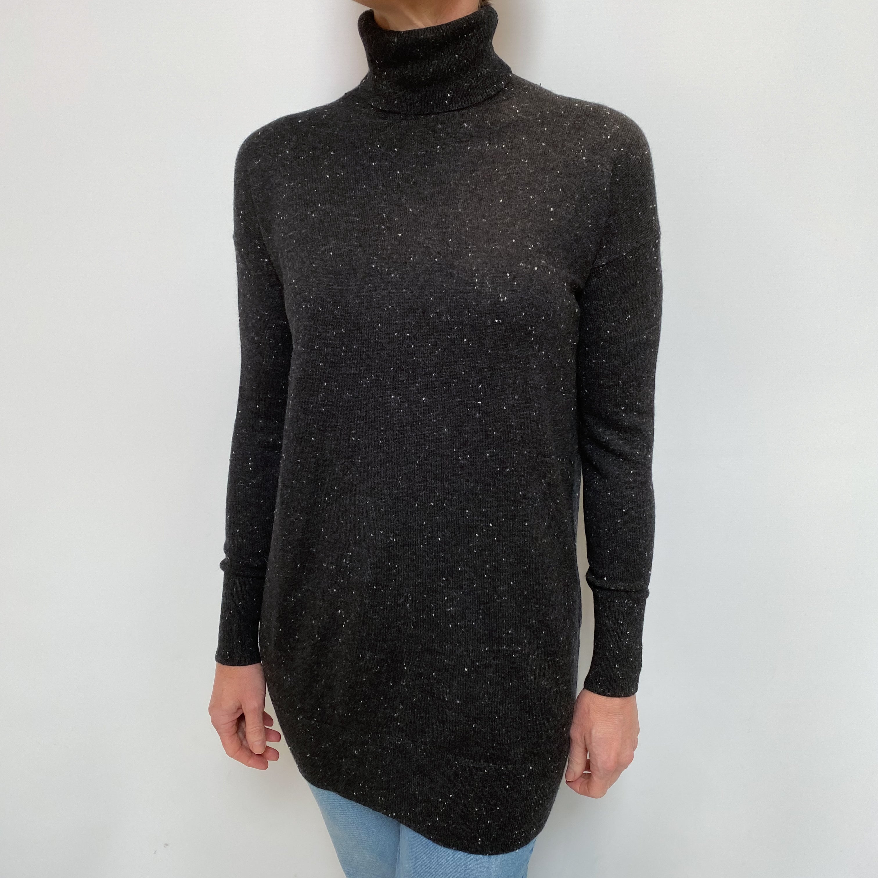 Charcoal Flecked Cashmere Longline Polo Neck Jumper Small