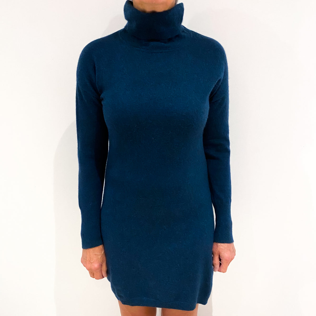 Petrol Blue Cashmere Polo Neck Dress Medium