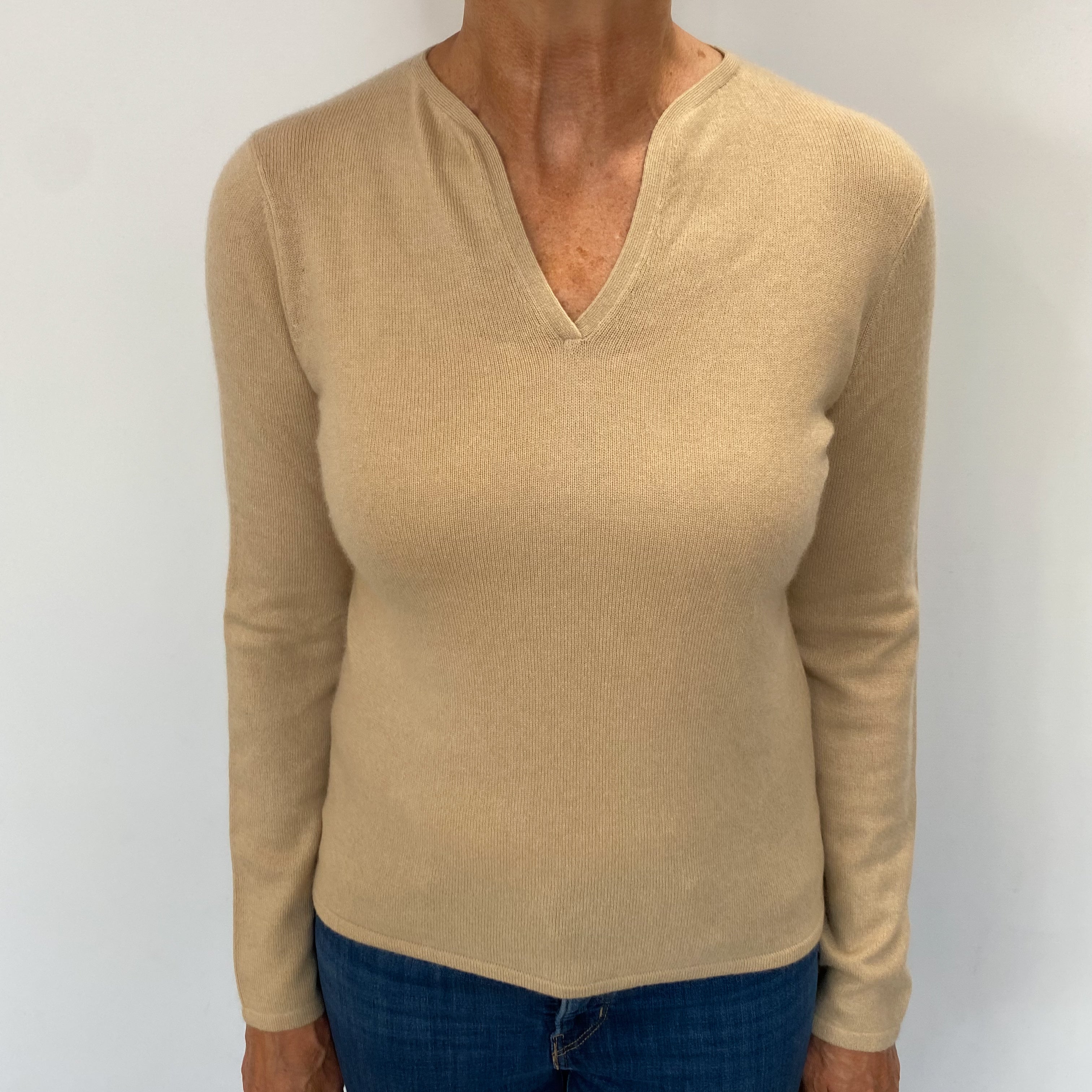 Sand Beige Cashmere V Neck Jumper Medium