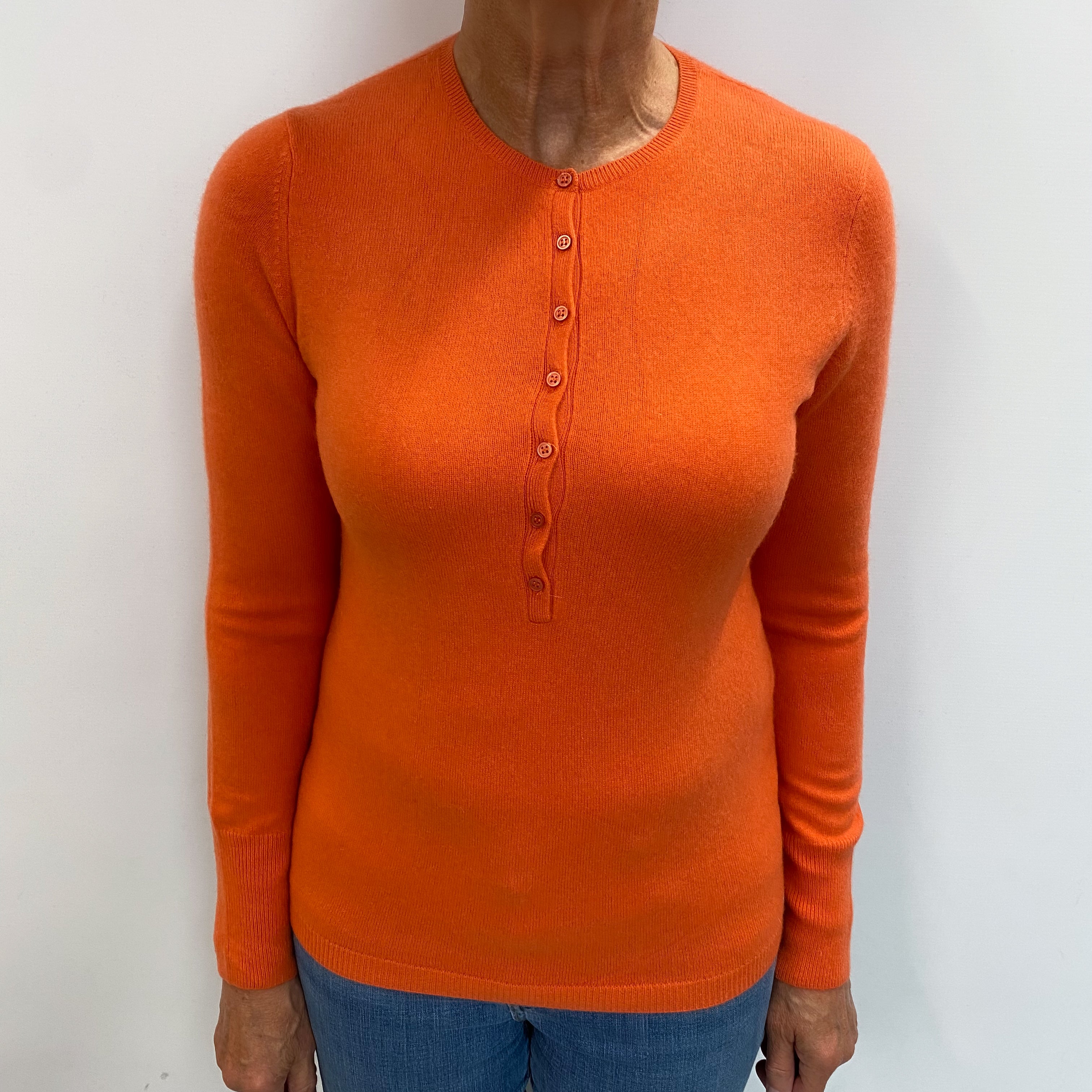 Tangerine Orange Cashmere Button Up Crew Neck Jumper Medium