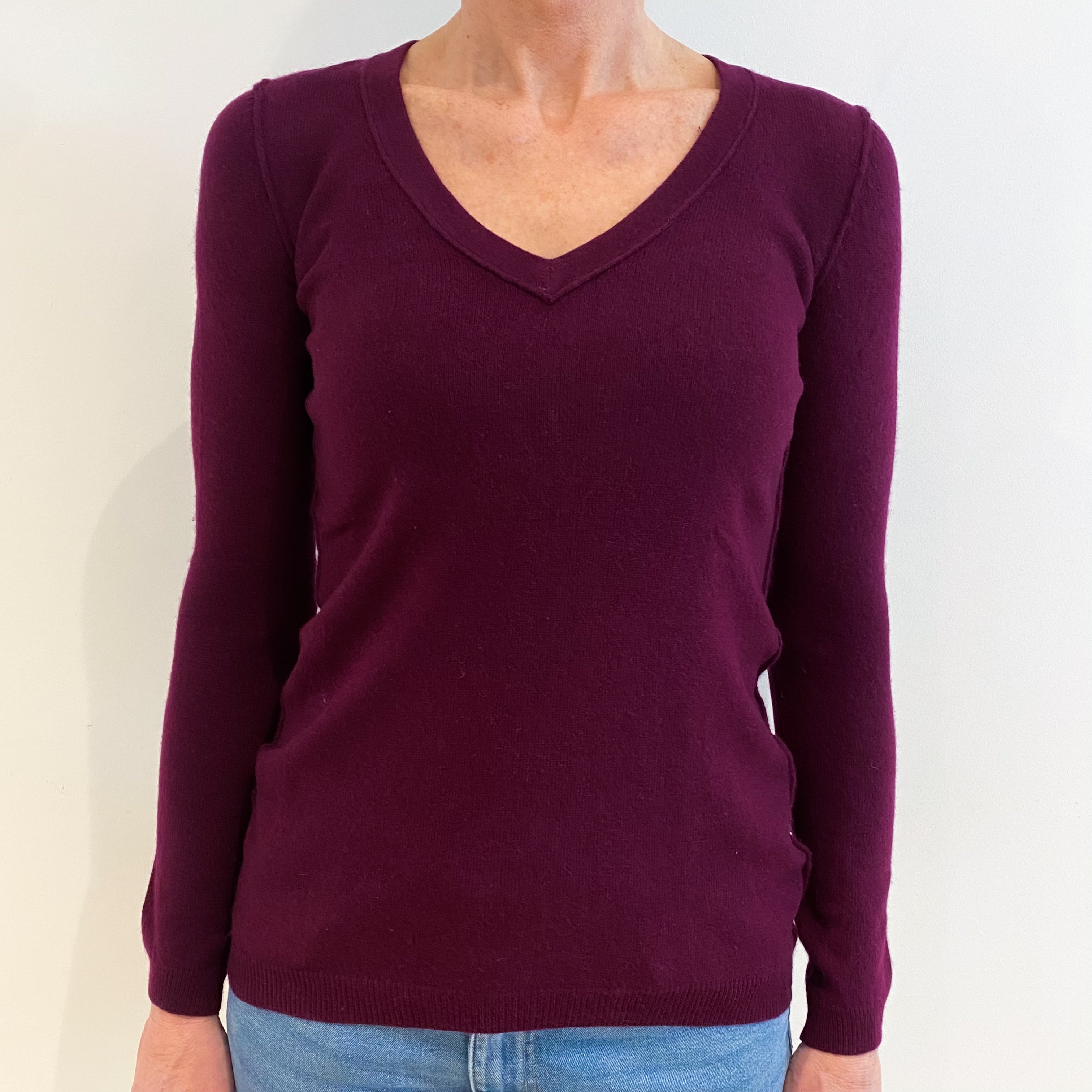 Aubergine Purple Cashmere V Neck Jumper Small