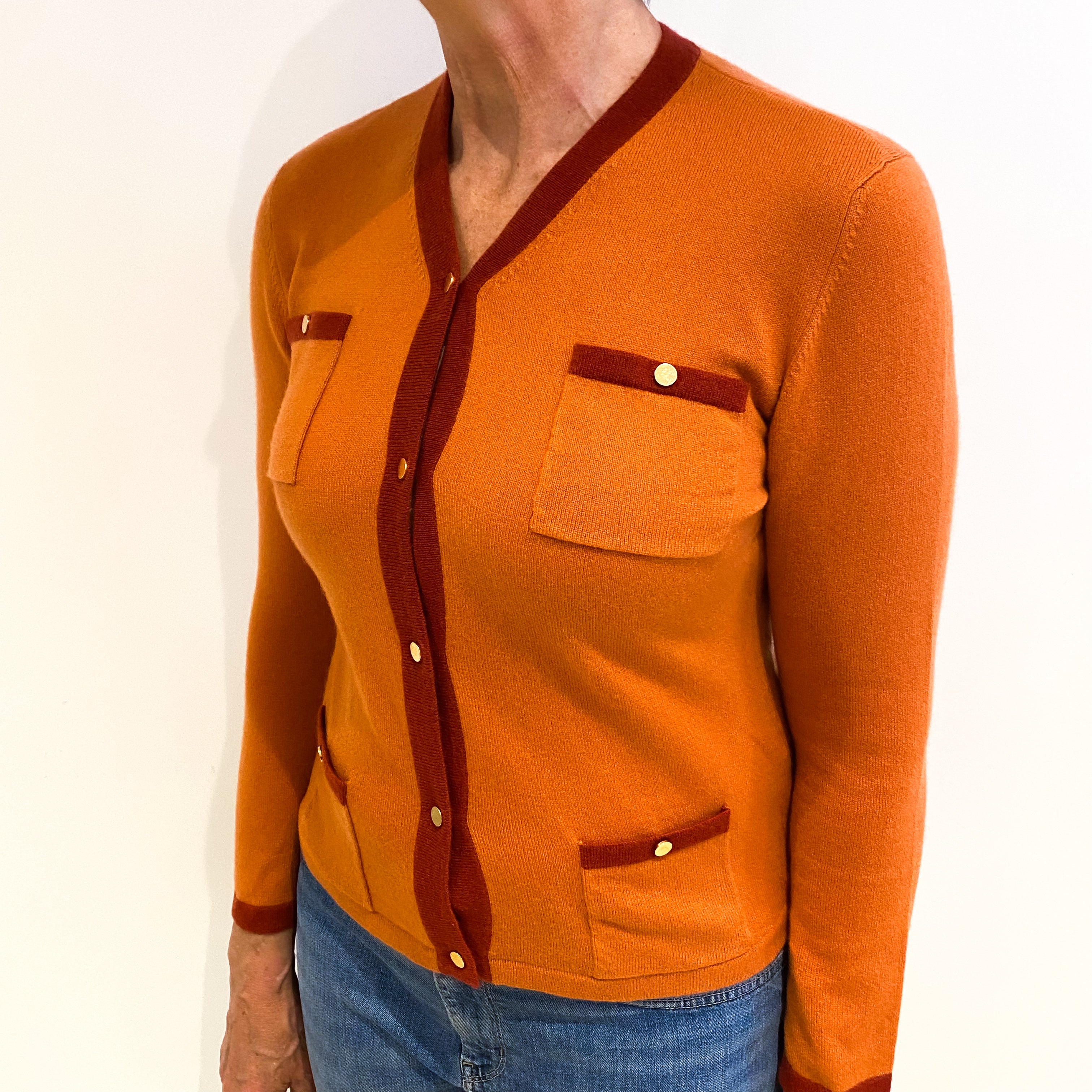 Pumpkin Orange Cashmere V Neck Cardigan Medium