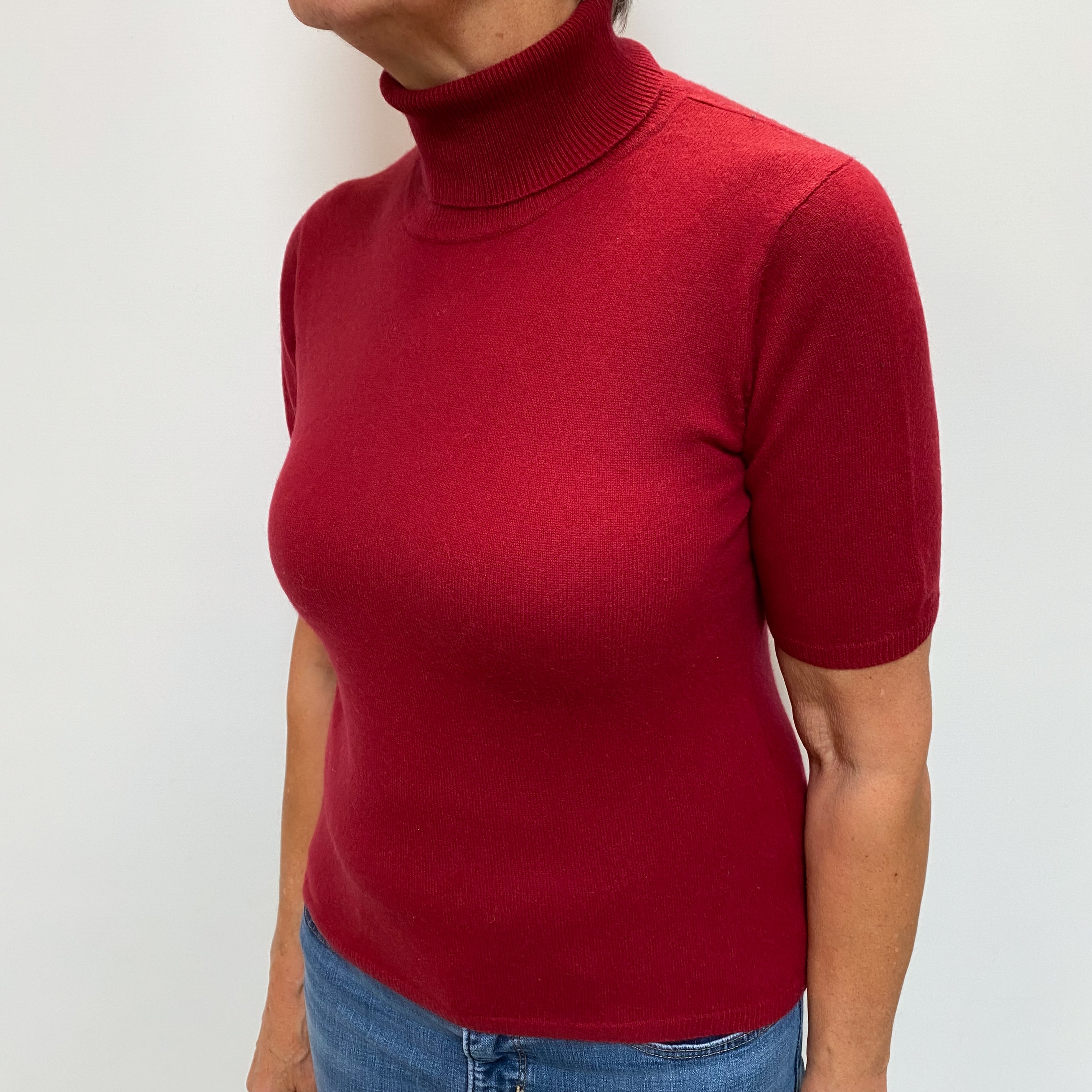 Crimson Red Cashmere Polo Neck Short Sleeved Jumper Medium