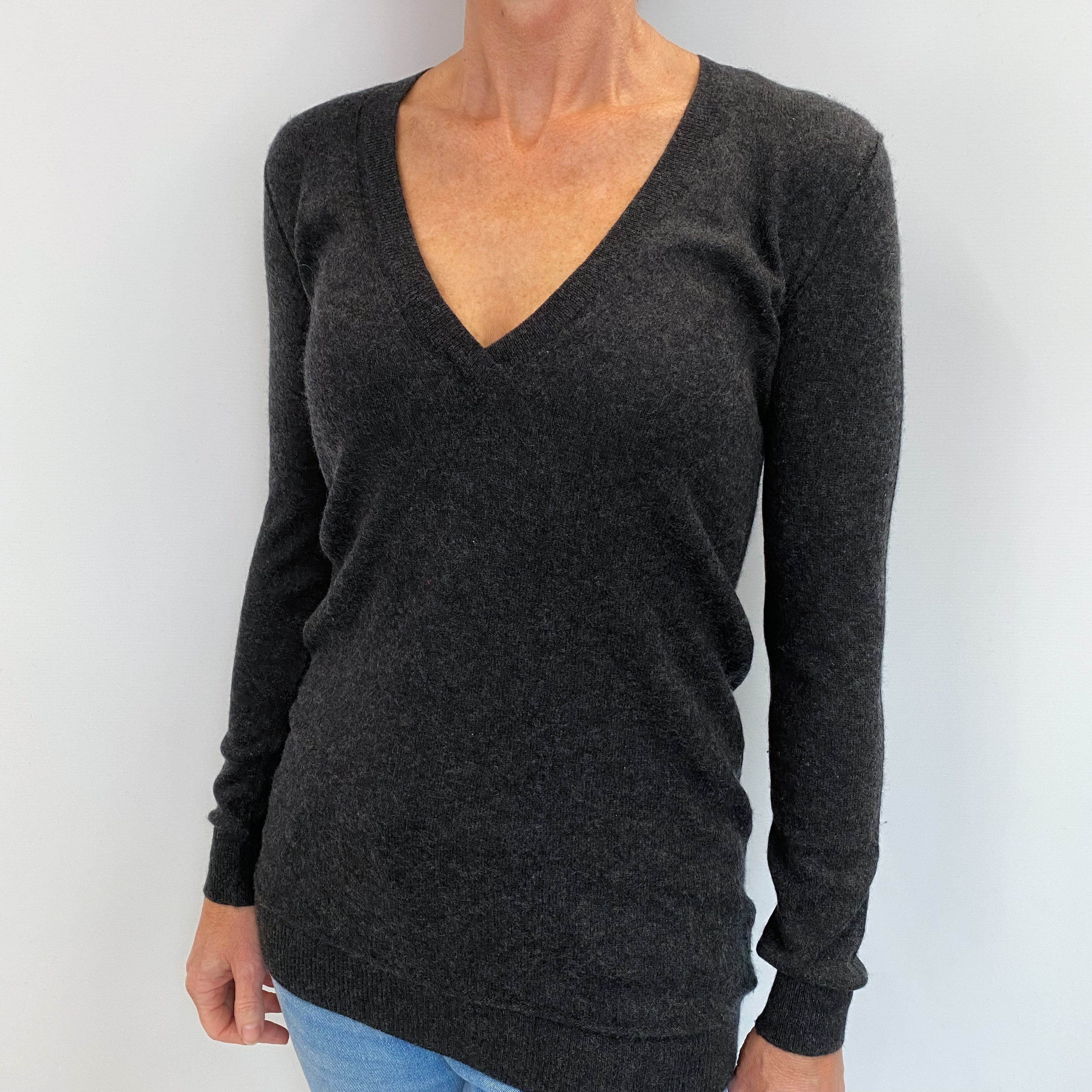 Dark Charcoal Grey Cashmere V Neck Jumper Small