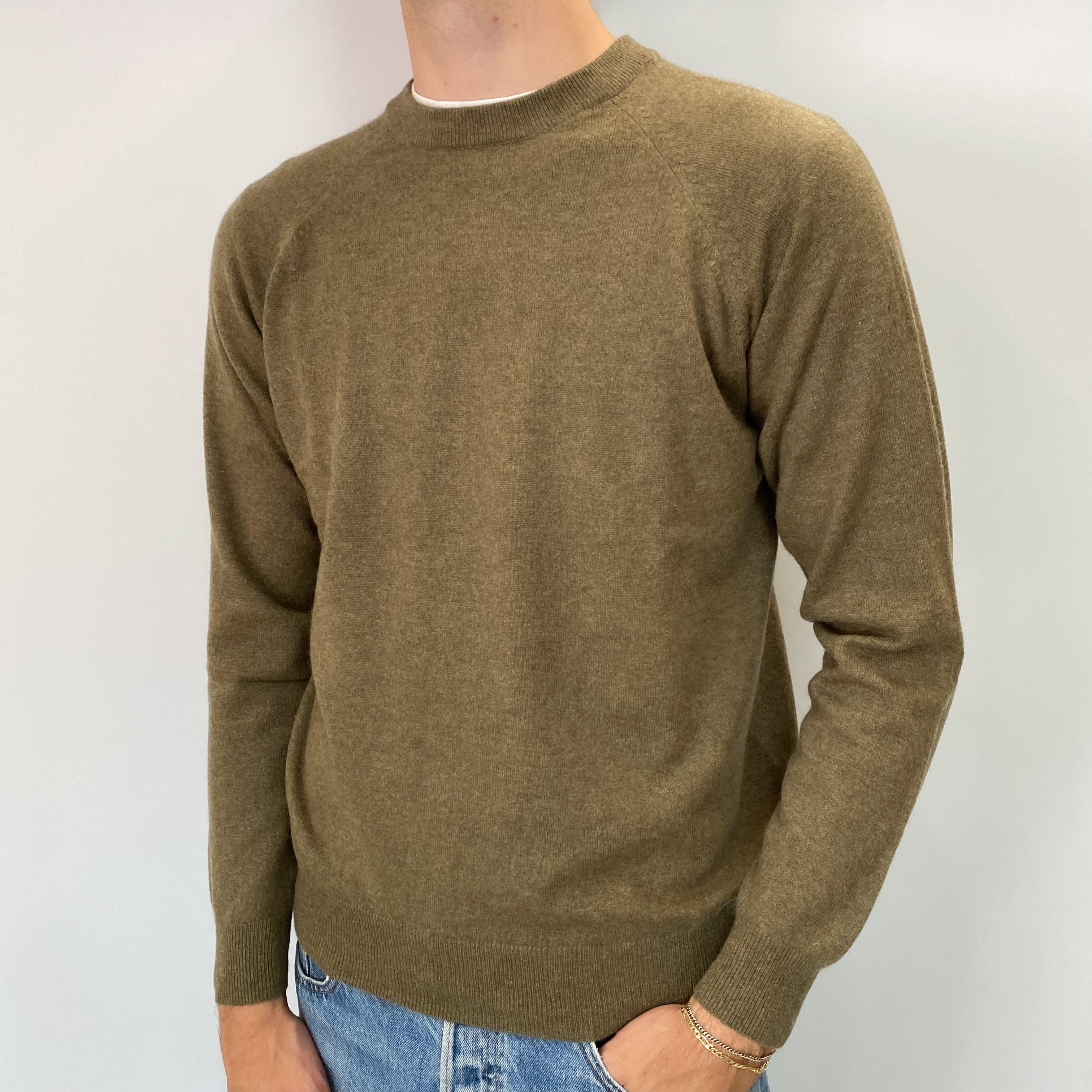 Men's Light Khaki Cashmere Crew Neck Jumper Medium