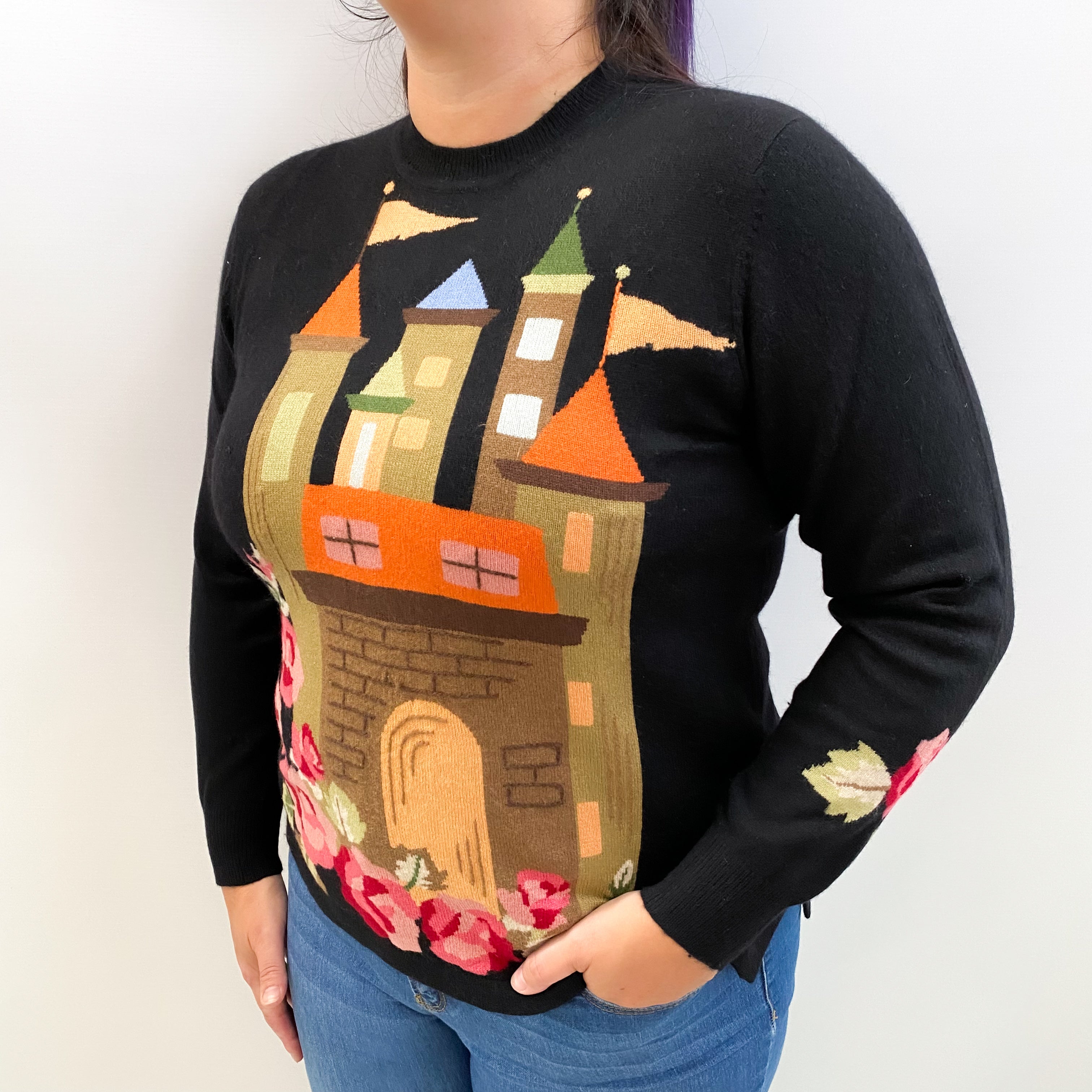 Black Castle Motif Cashmere Crew Neck Jumper Large