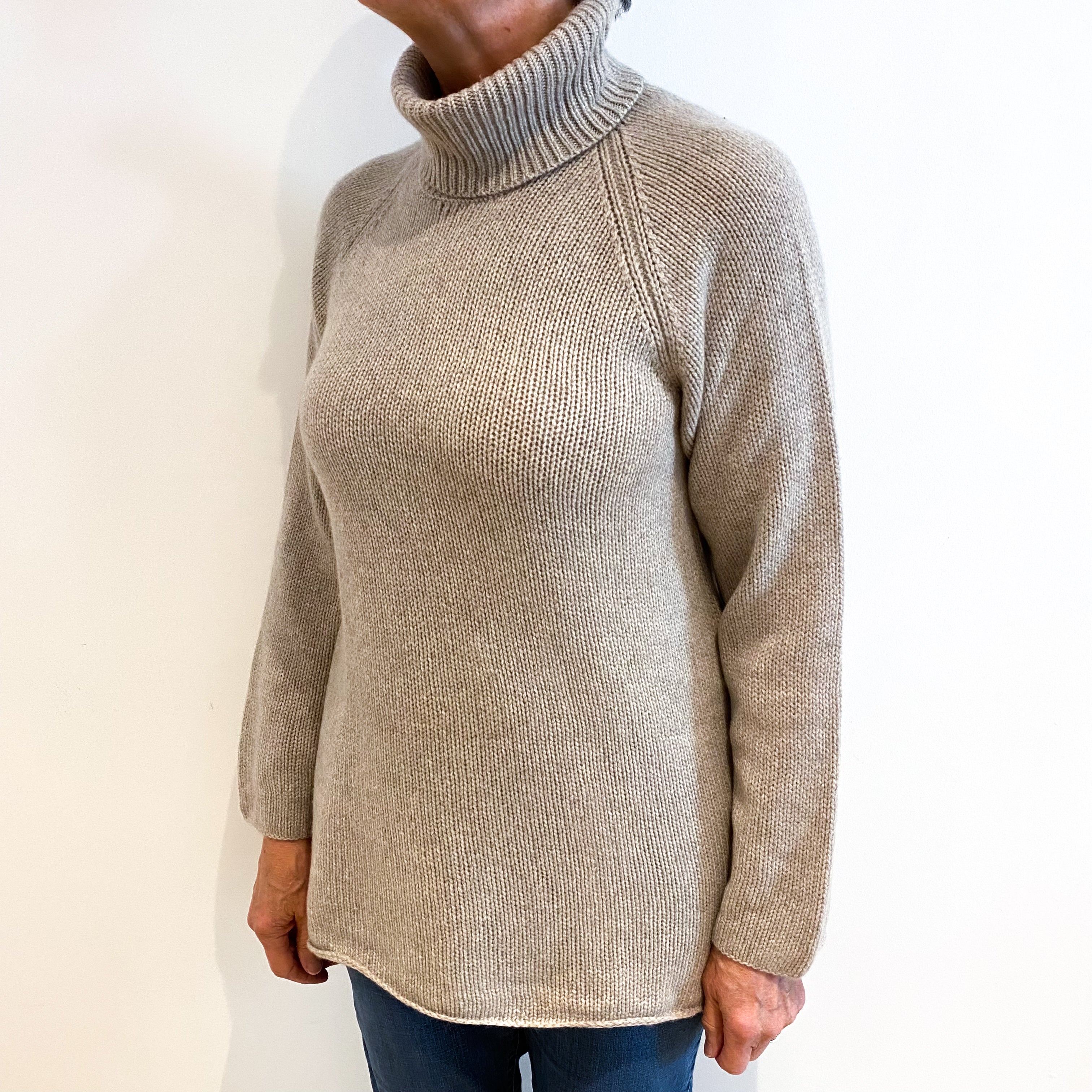 Fawn Beige Cashmere Polo Neck Jumper Medium