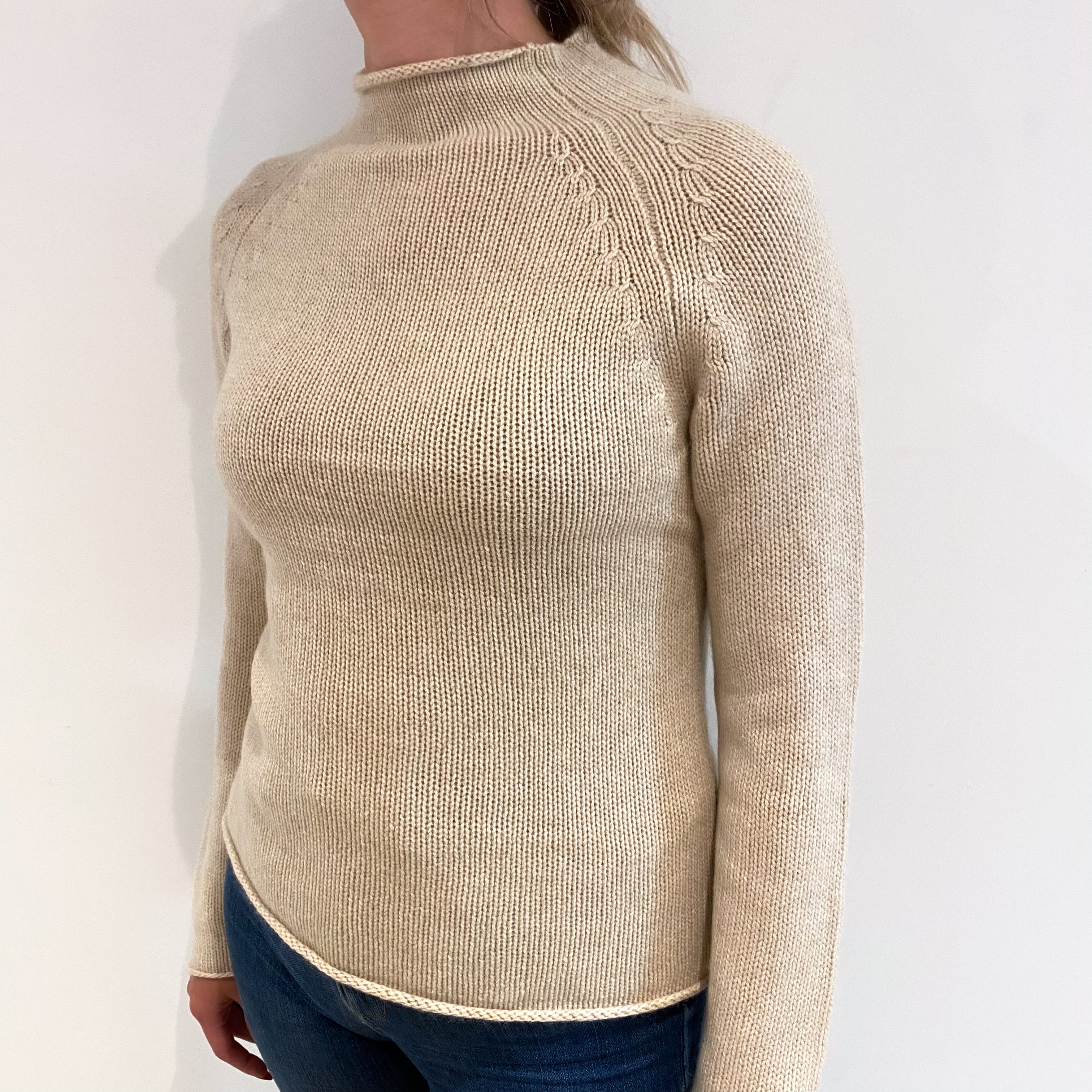 Oatmeal Beige Chunky Cashmere Funnel Neck Jumper Small