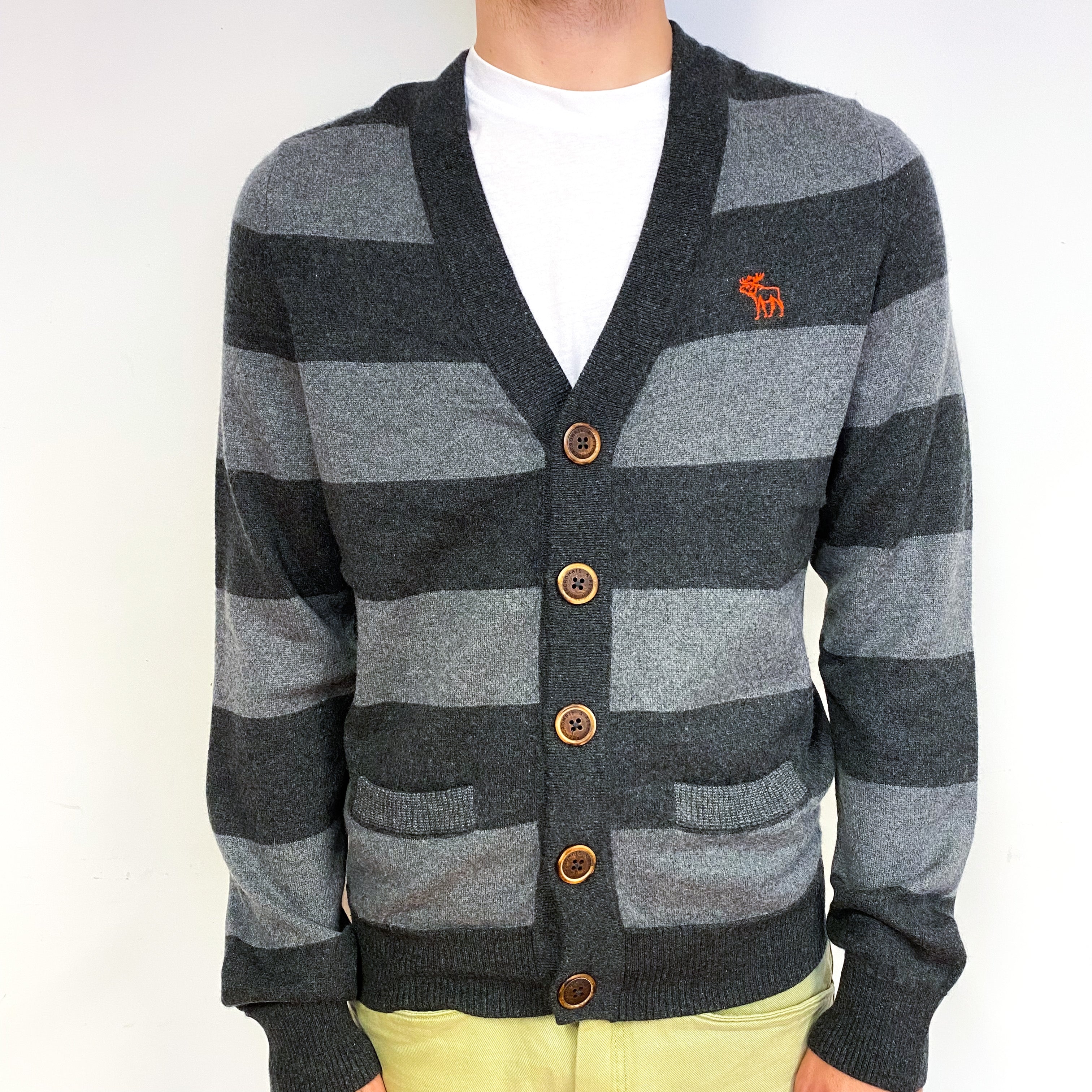 Men's Abercrombie & Fitch Grey Stripe Cashmere V-Neck Cardigan Large
