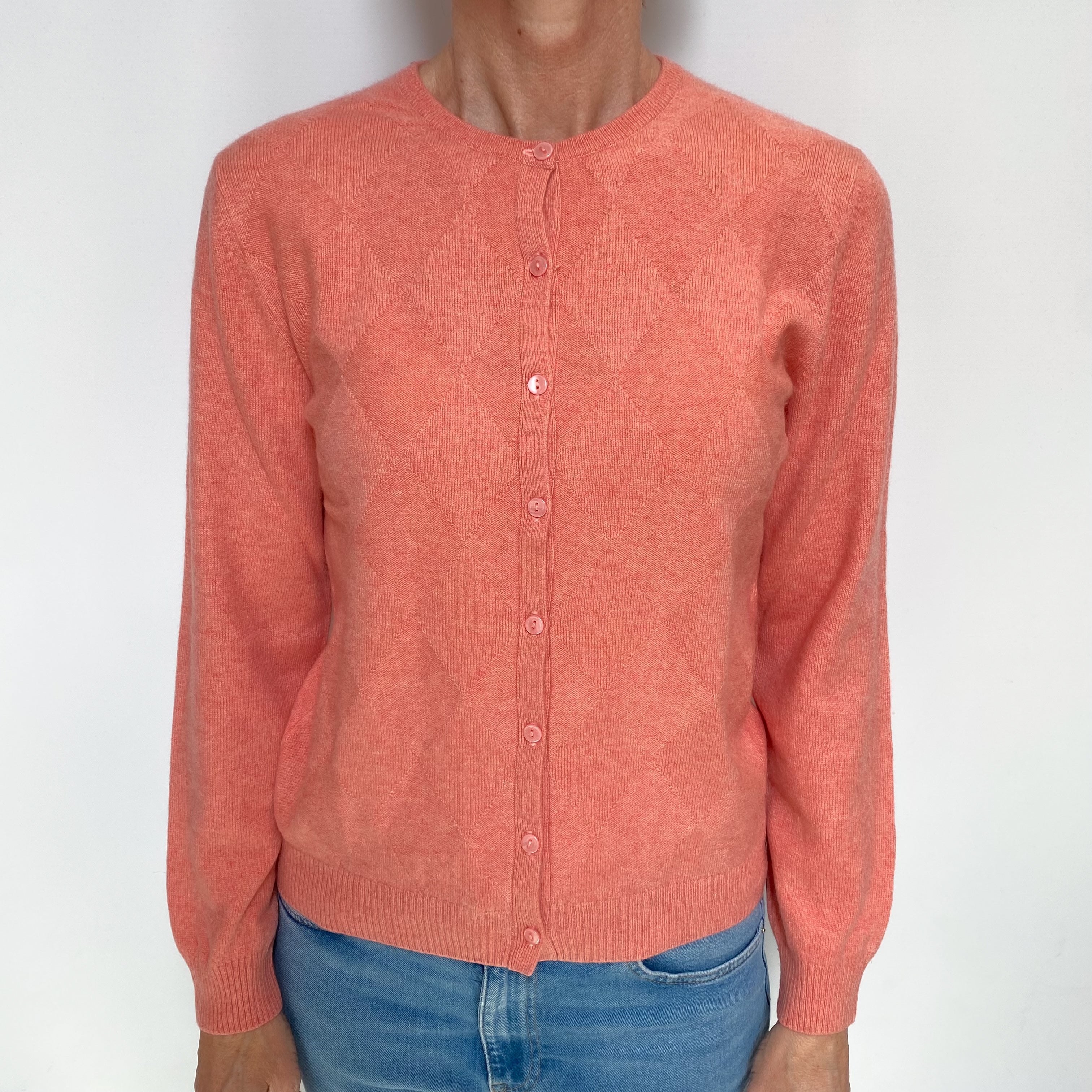 Flamingo Pink Textured Cashmere Crew Neck Cardigan Small