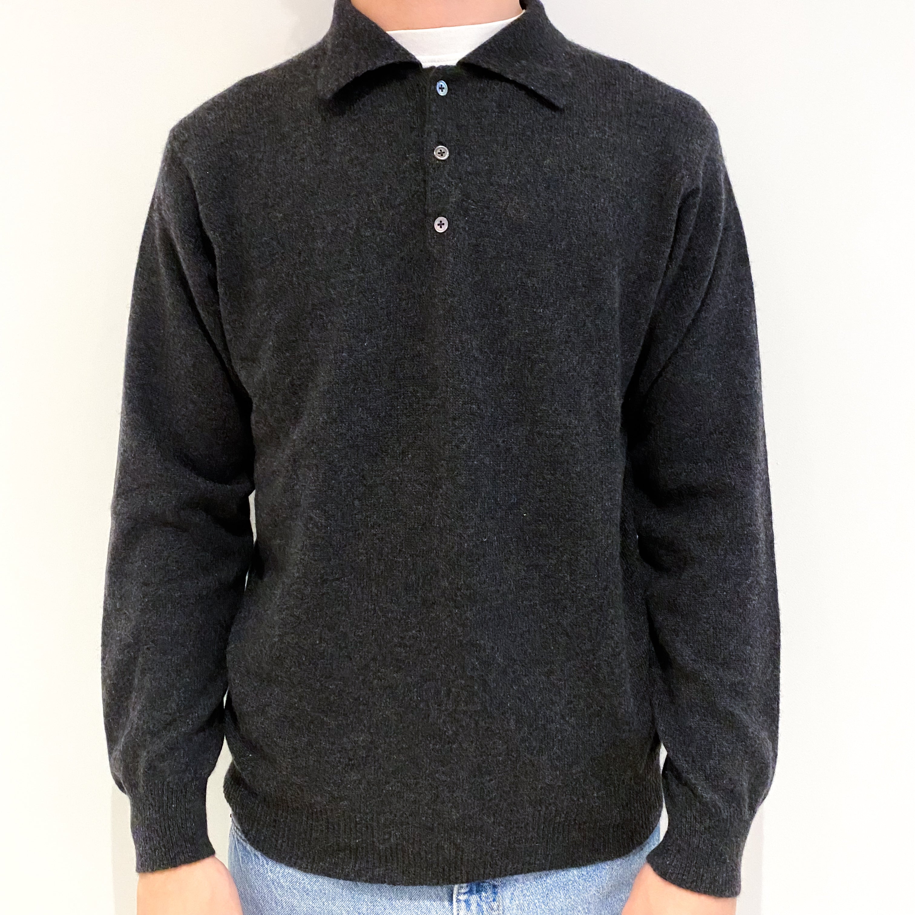 Men's Charcoal Grey Cashmere Collared 1/4 Button Jumper Medium