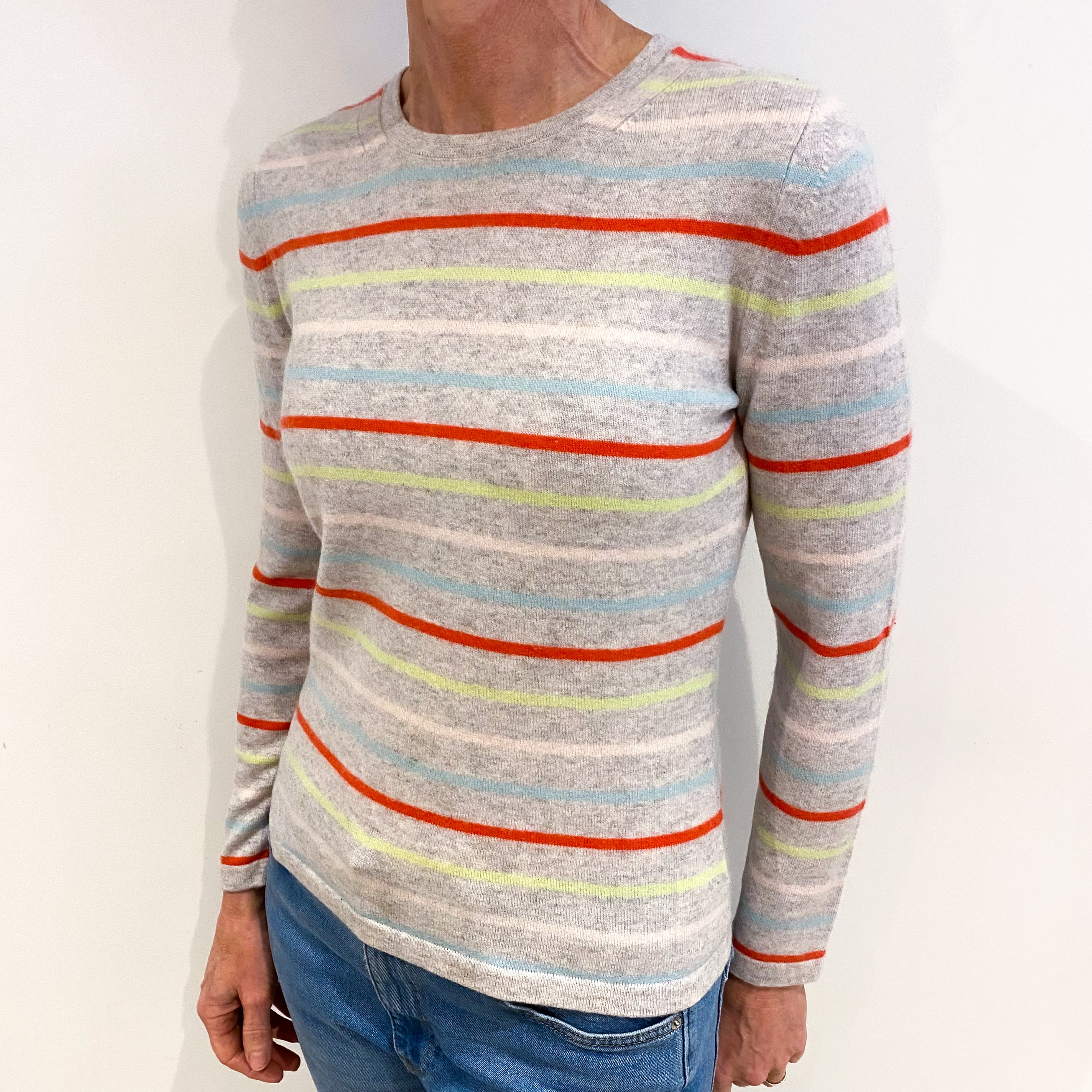 Grey Multicolour Striped Cashmere Crew Neck Jumper Small