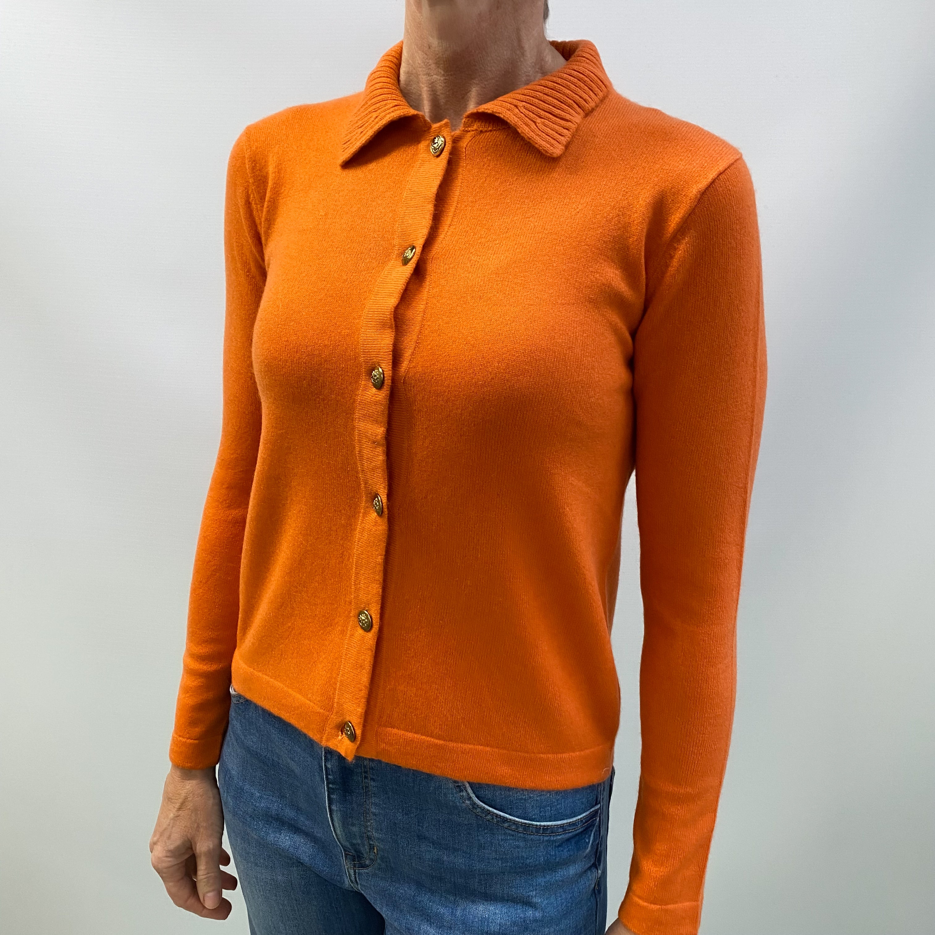 Clementine Orange Cashmere Collared Crew Neck Cardigan Small
