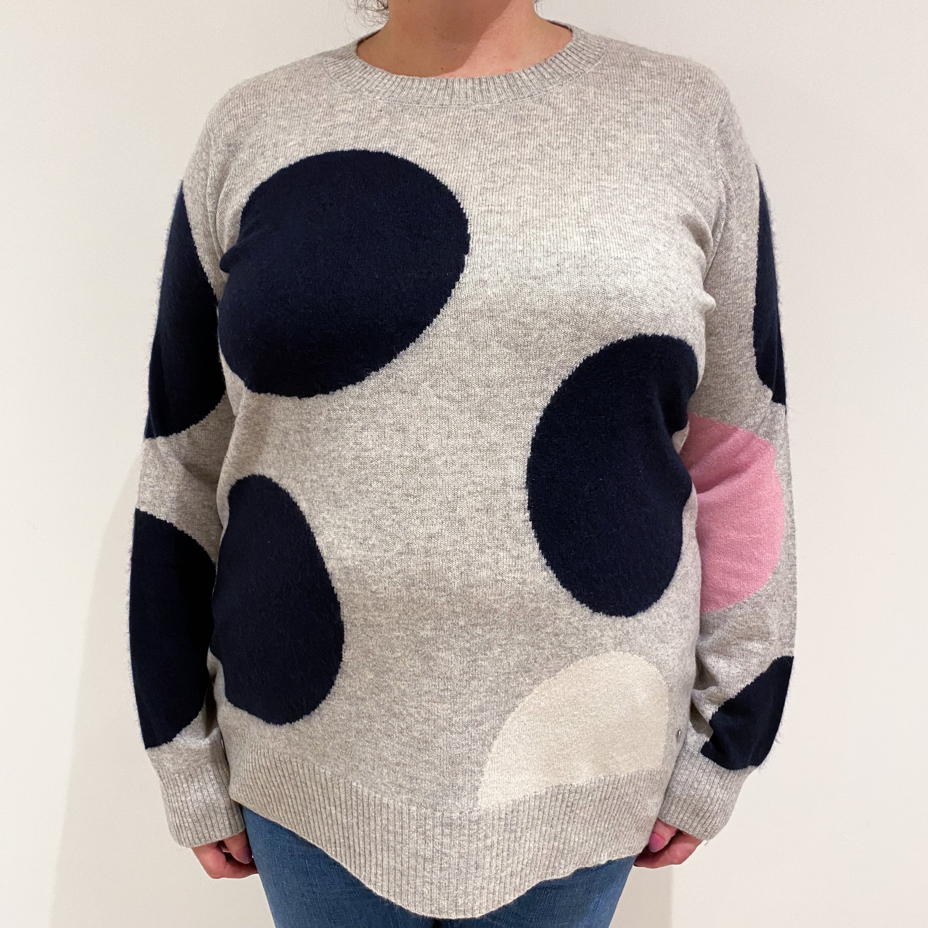 Smoke Grey Spotted Cashmere Crew Neck Jumper Extra Large