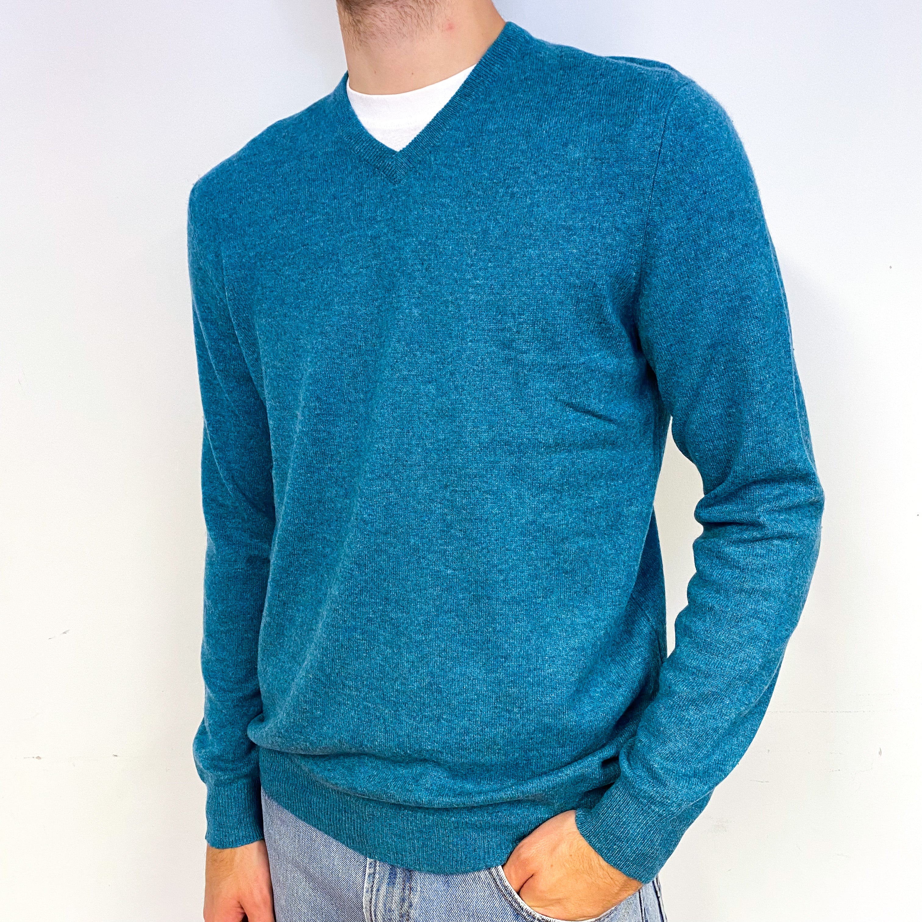 Men's Aqua Blue Cashmere V-Neck Jumper Medium
