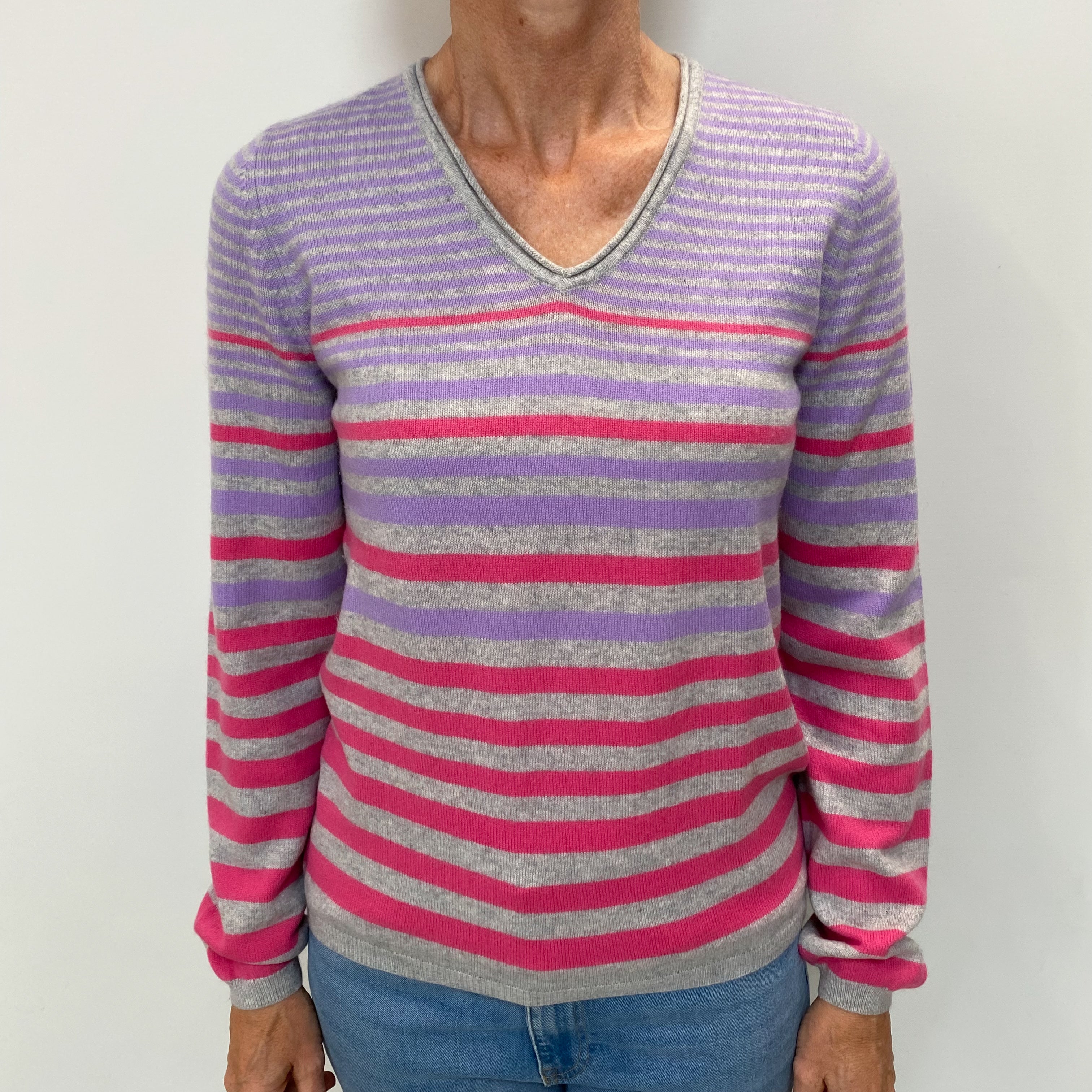 Purple Pink Striped Cashmere V Neck Jumper Small