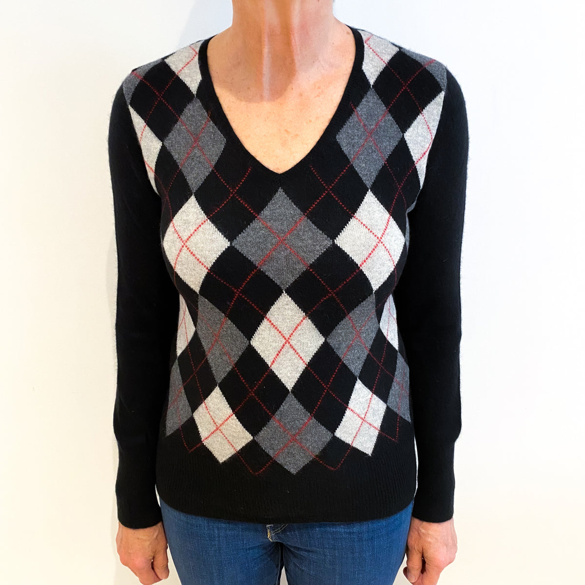 Black Argyle Cashmere V Neck Jumper Medium
