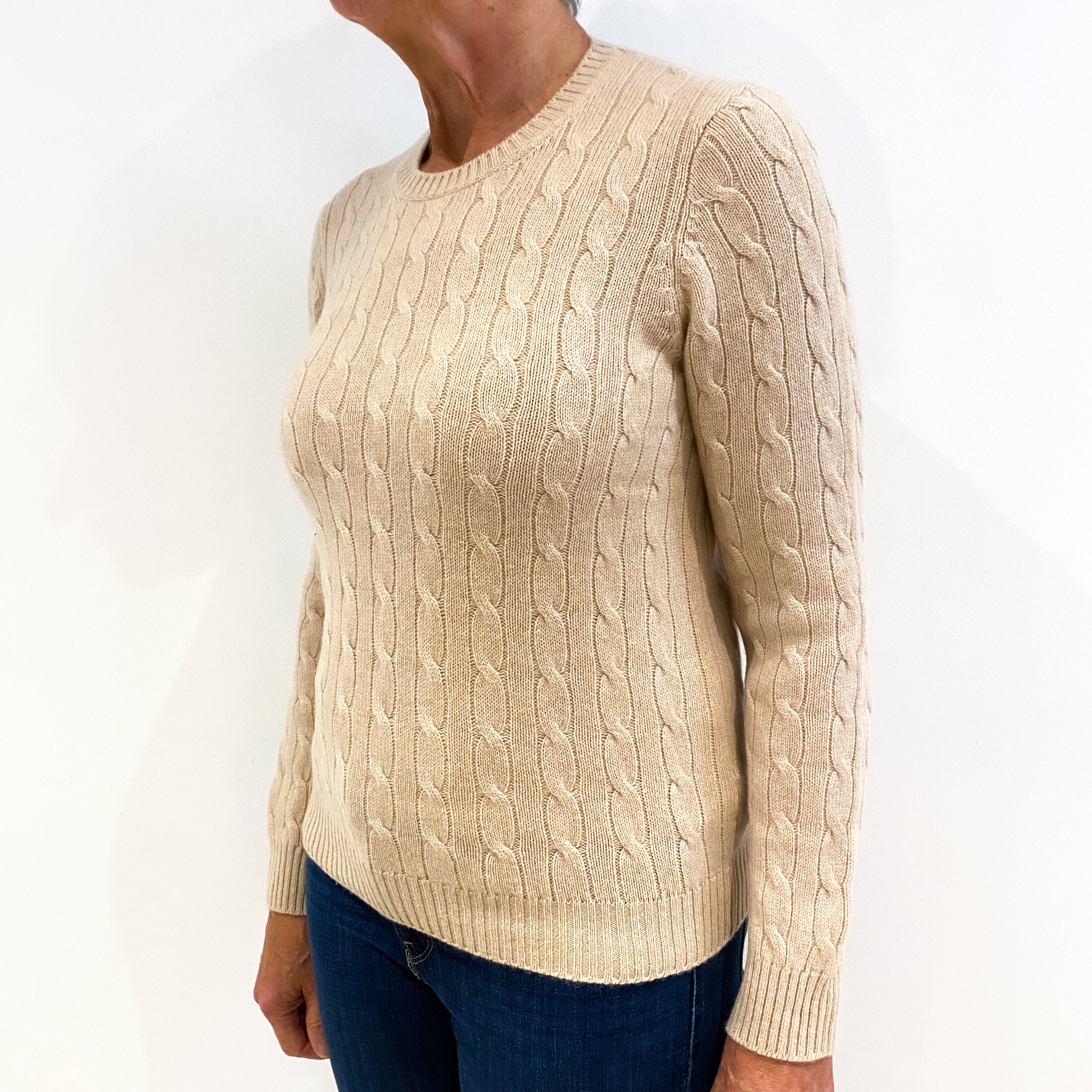Italian Fudge Brown Cable Knit Cashmere Crew Neck Jumper Medium