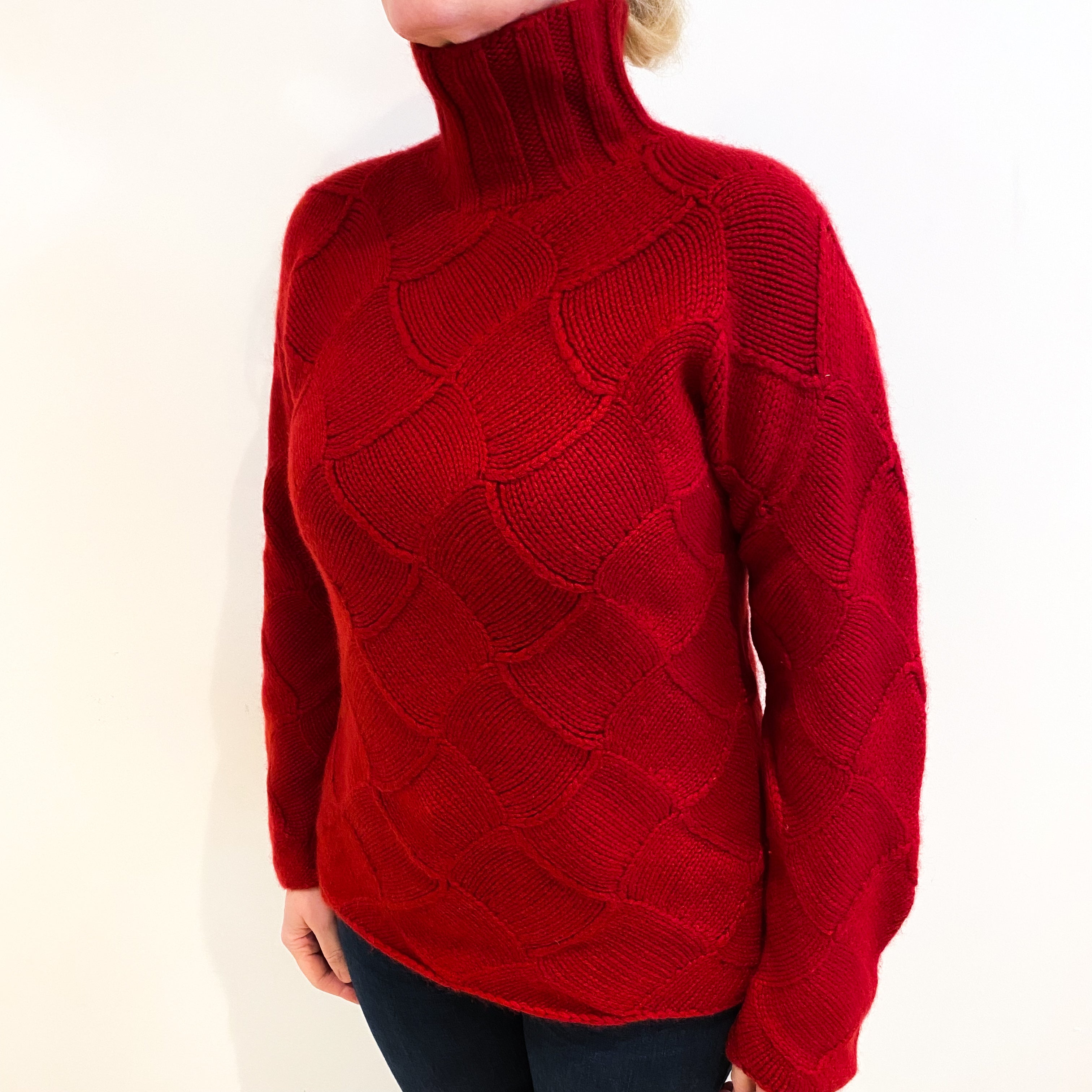 Scarlet Red Textured Cashmere Turtle Neck Jumper Large