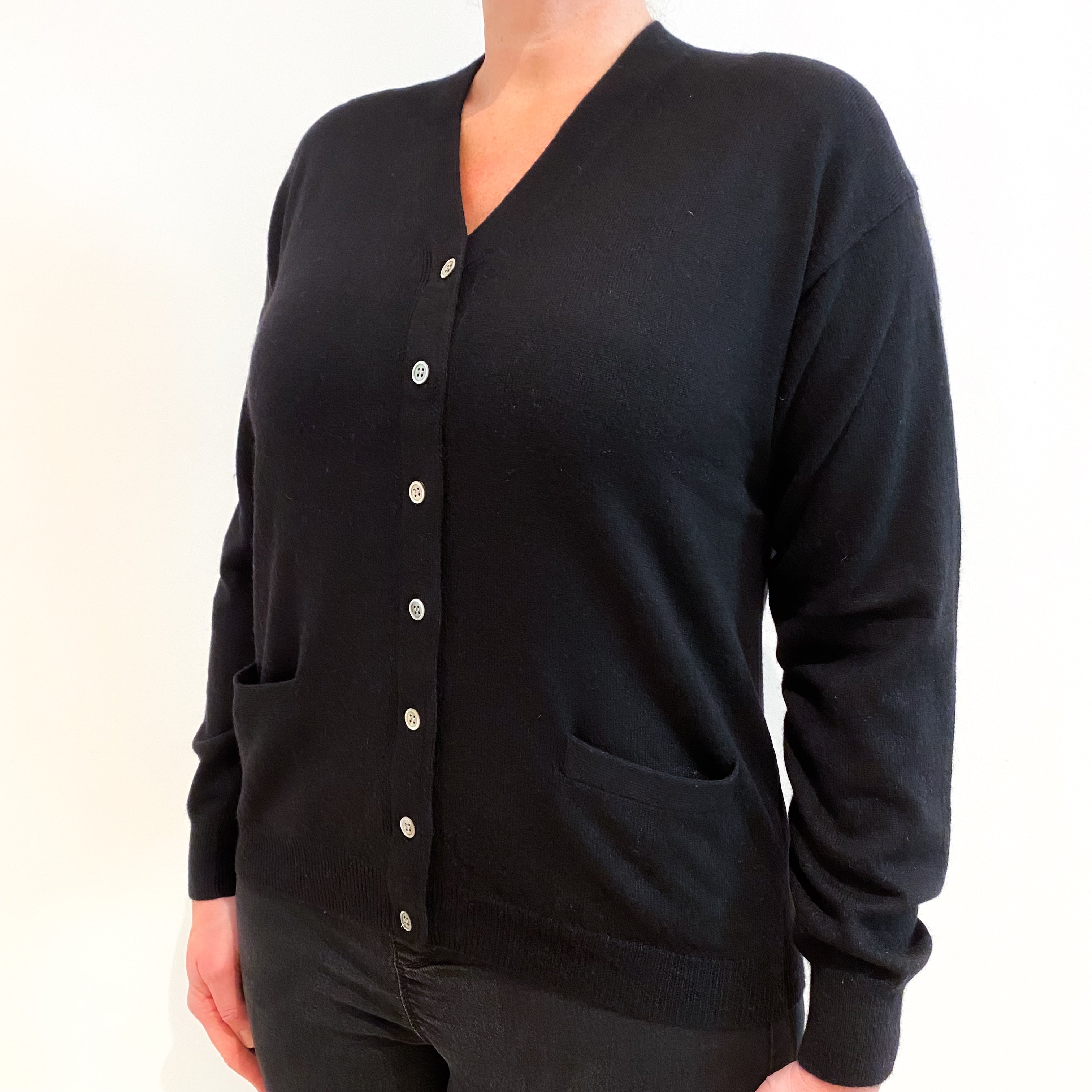 Black Cashmere V-Neck Cardigan with Pockets Large
