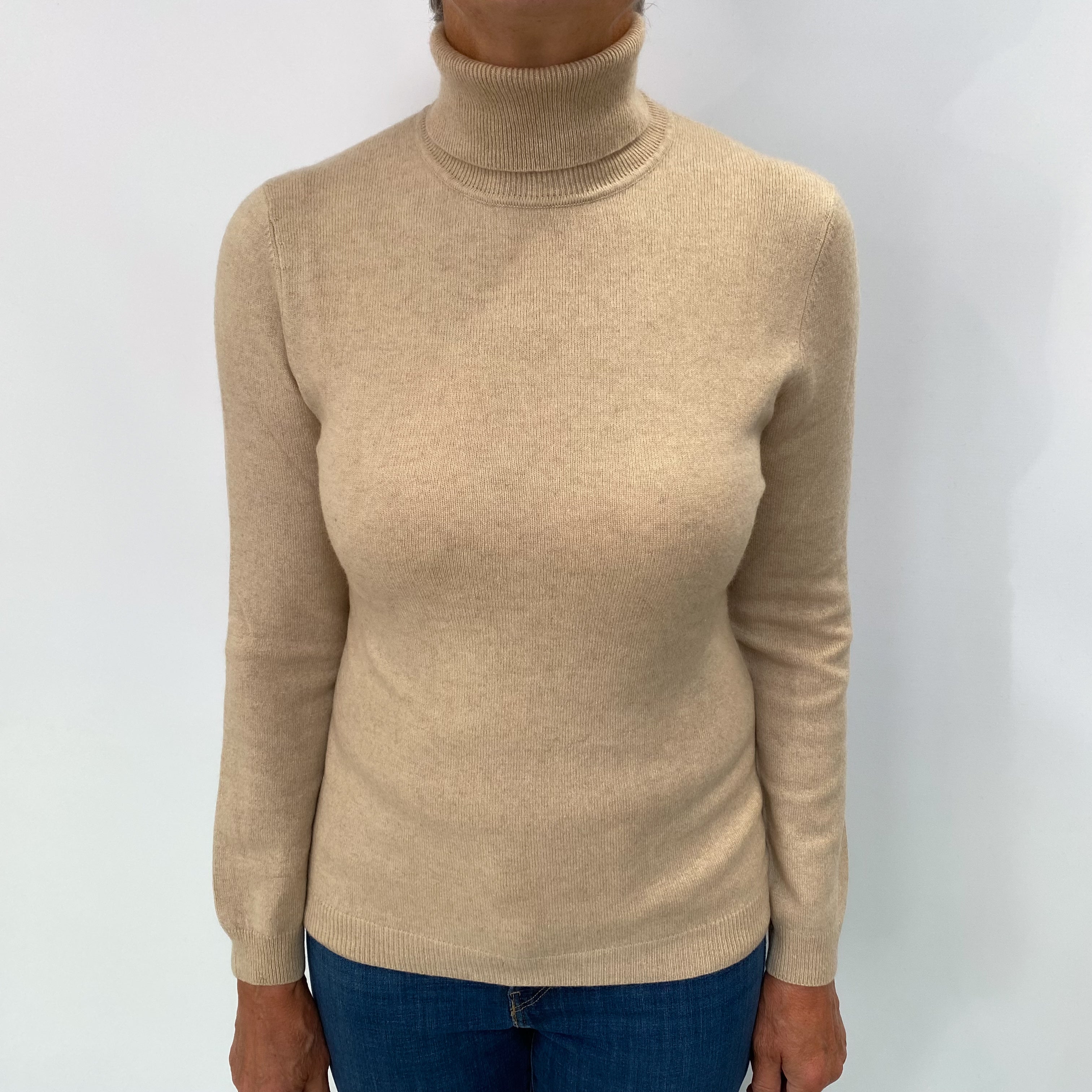 Buff Beige Cashmere Polo Neck Jumper Medium
