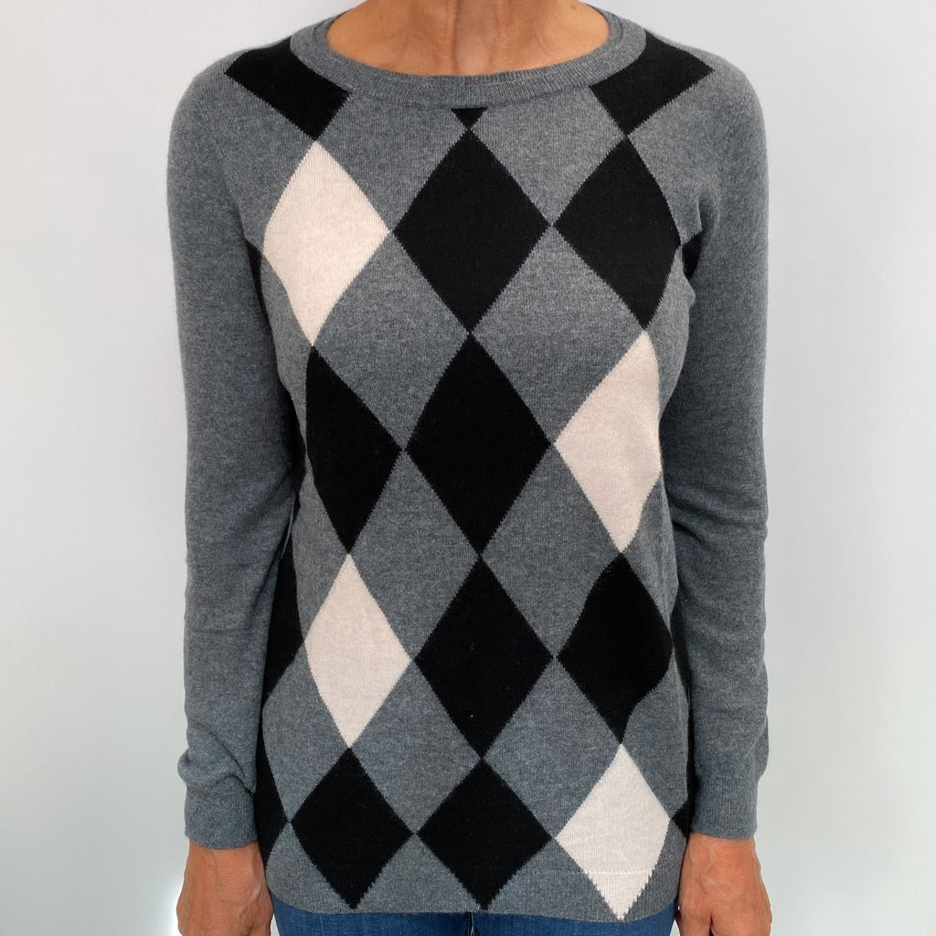 Grey and Black Diamond Cashmere Crew Neck Jumper Medium