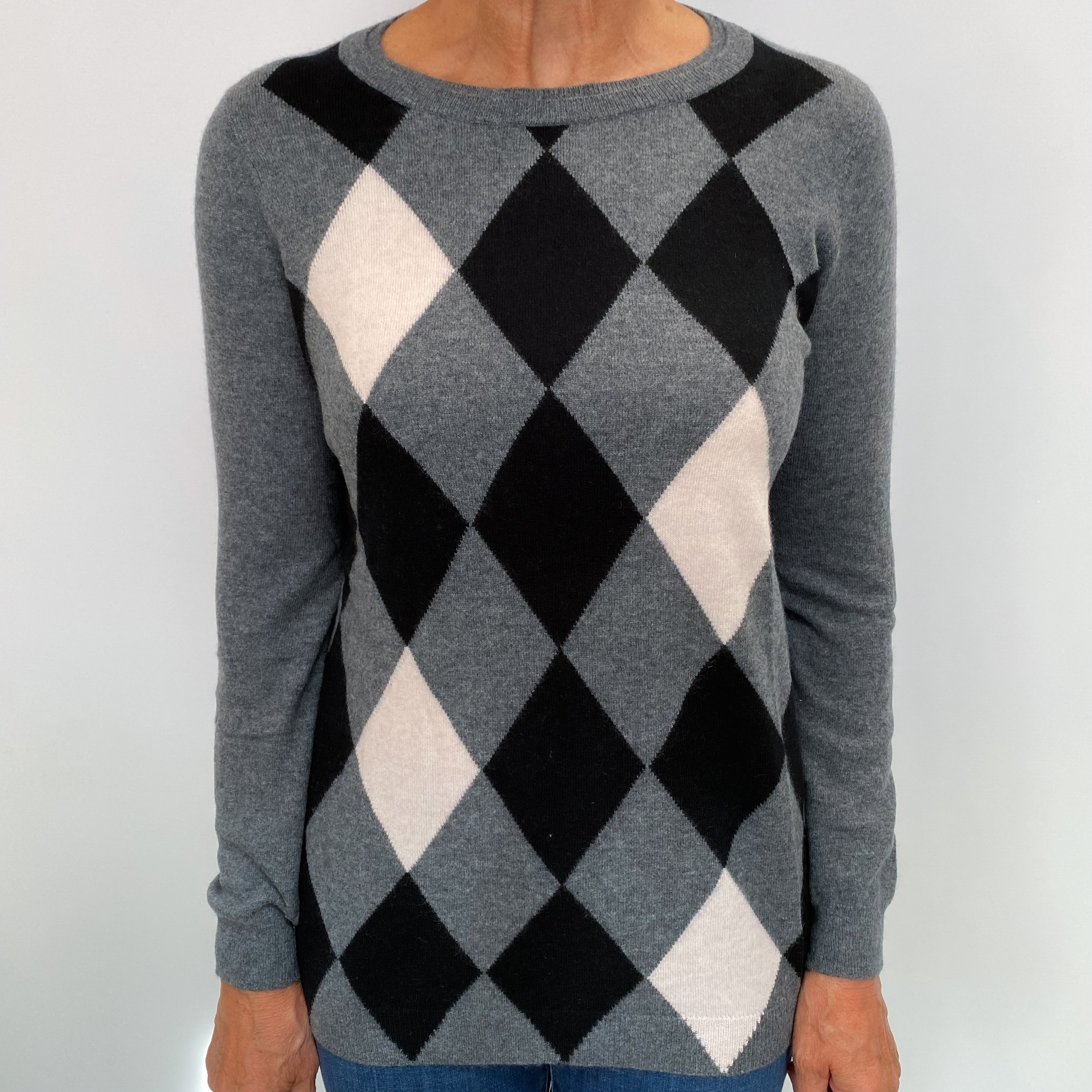 Grey and Black Diamond Cashmere Crew Neck Jumper Medium