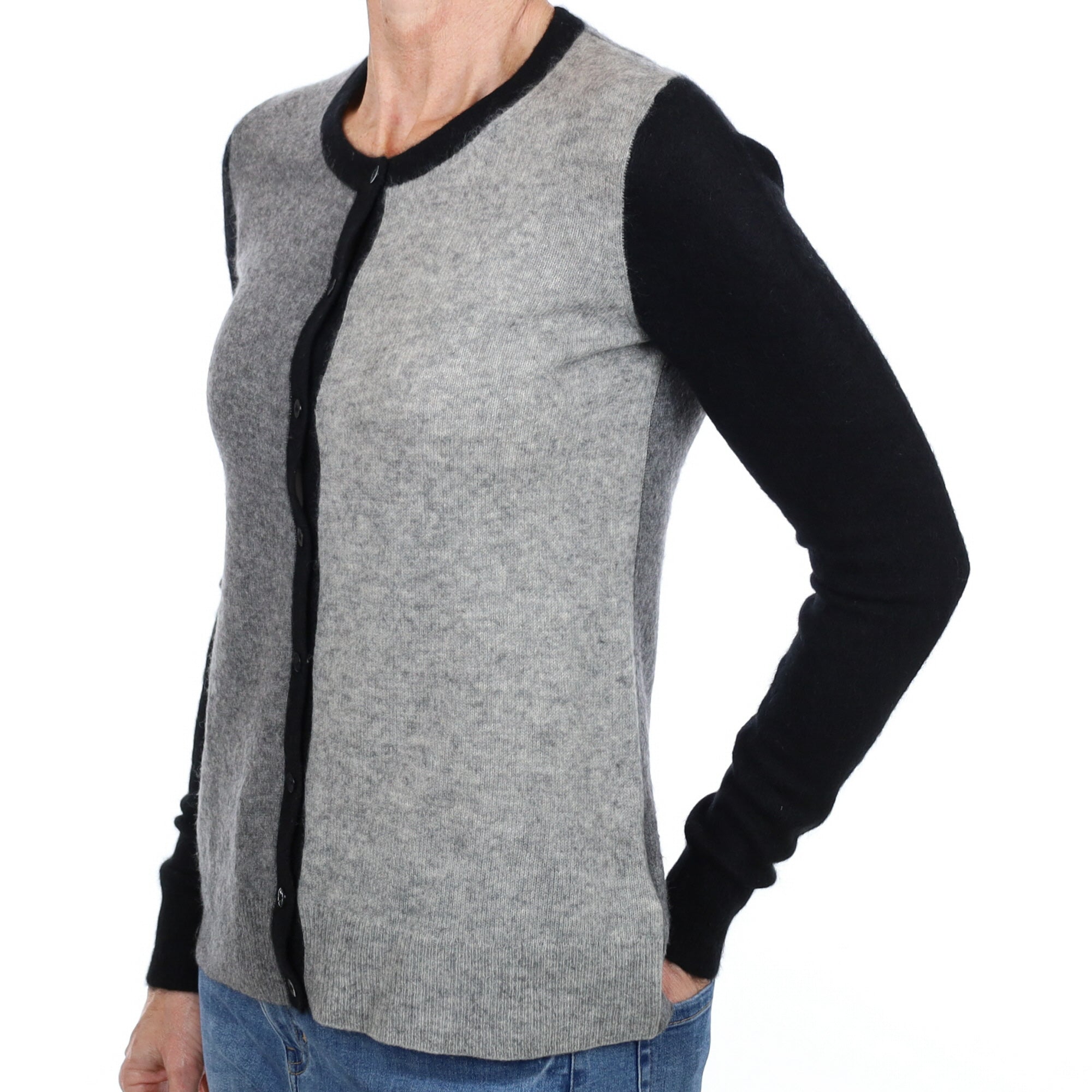 Grey and Black Cashmere Crew Neck Cardigan Small