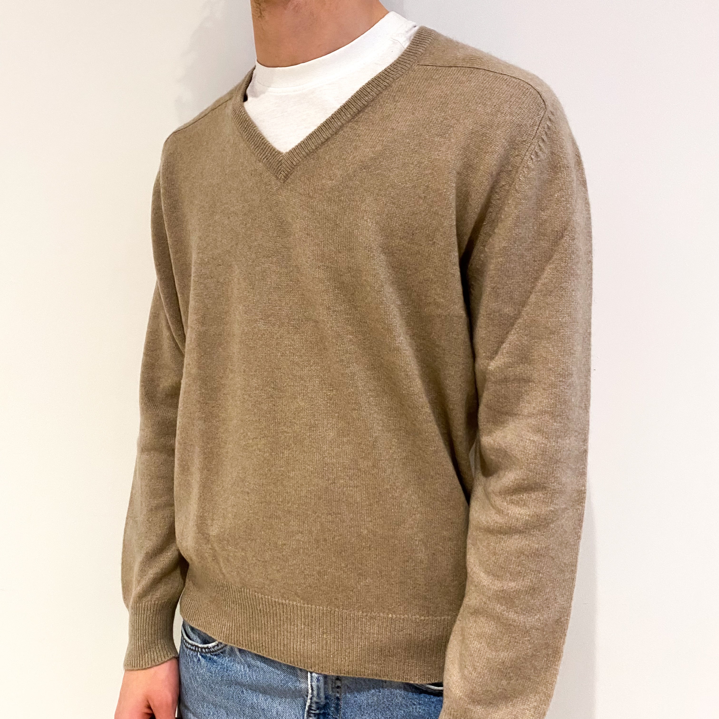 Men's Taupe Brown Cashmere V-Neck Jumper Medium