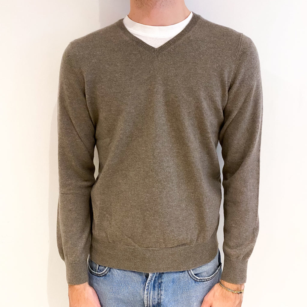 Men's Mocha Brown Cashmere V Neck Jumper Medium