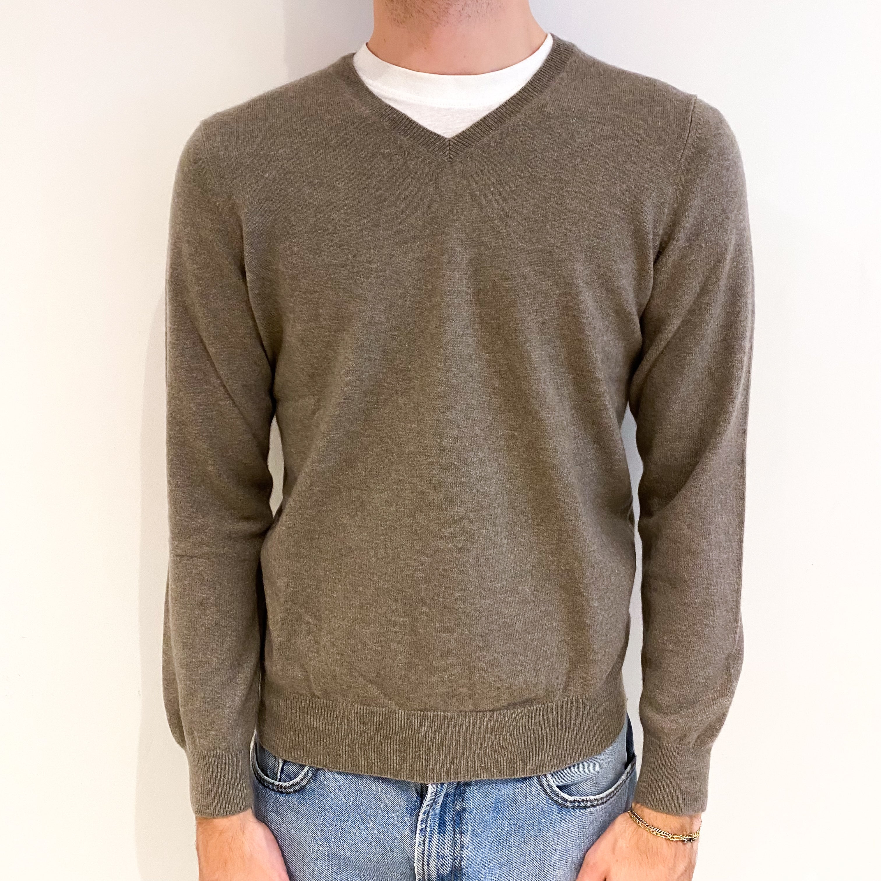 Men's Mocha Brown Cashmere V Neck Jumper Medium