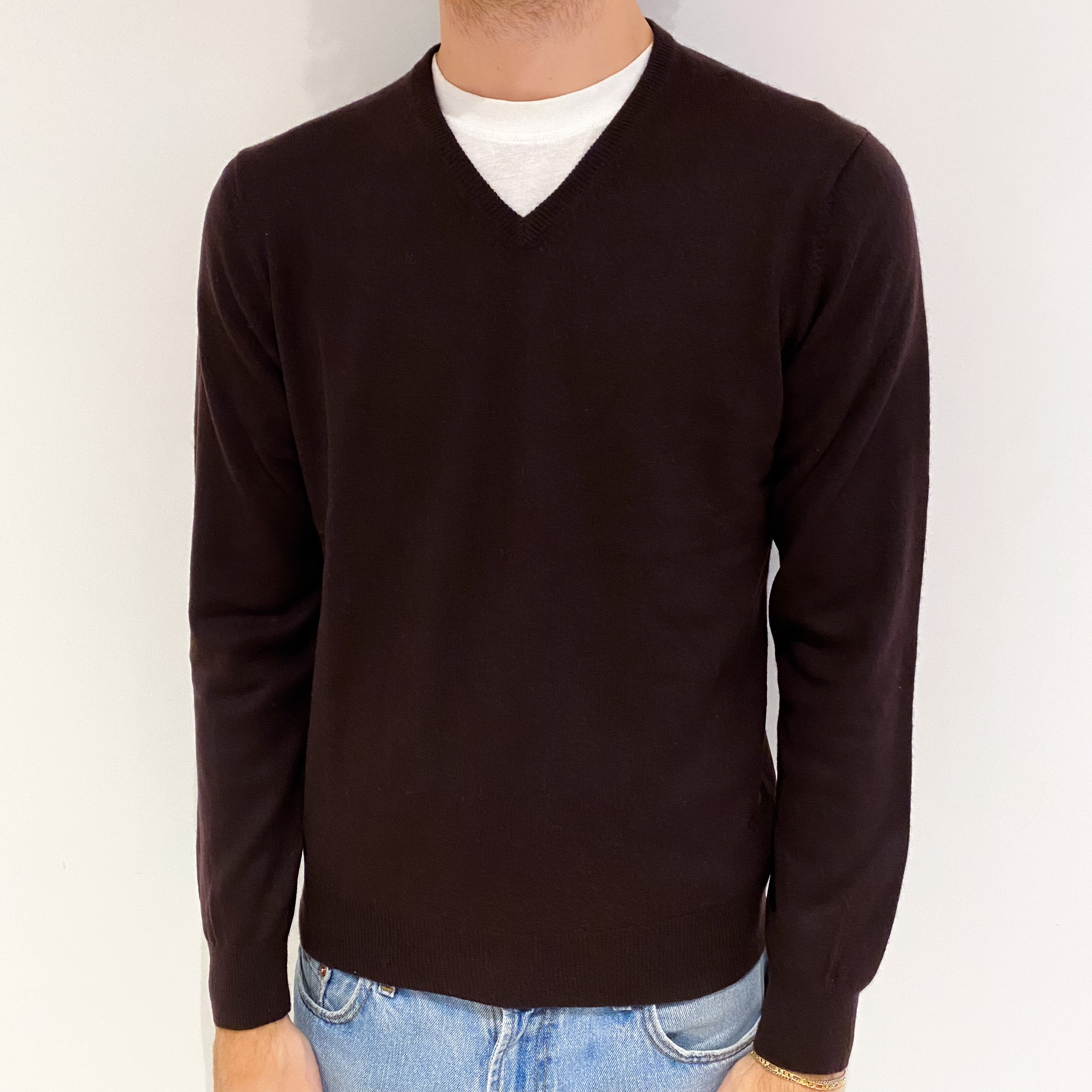 Men's Aubergine Purple Cashmere V Neck Jumper Medium