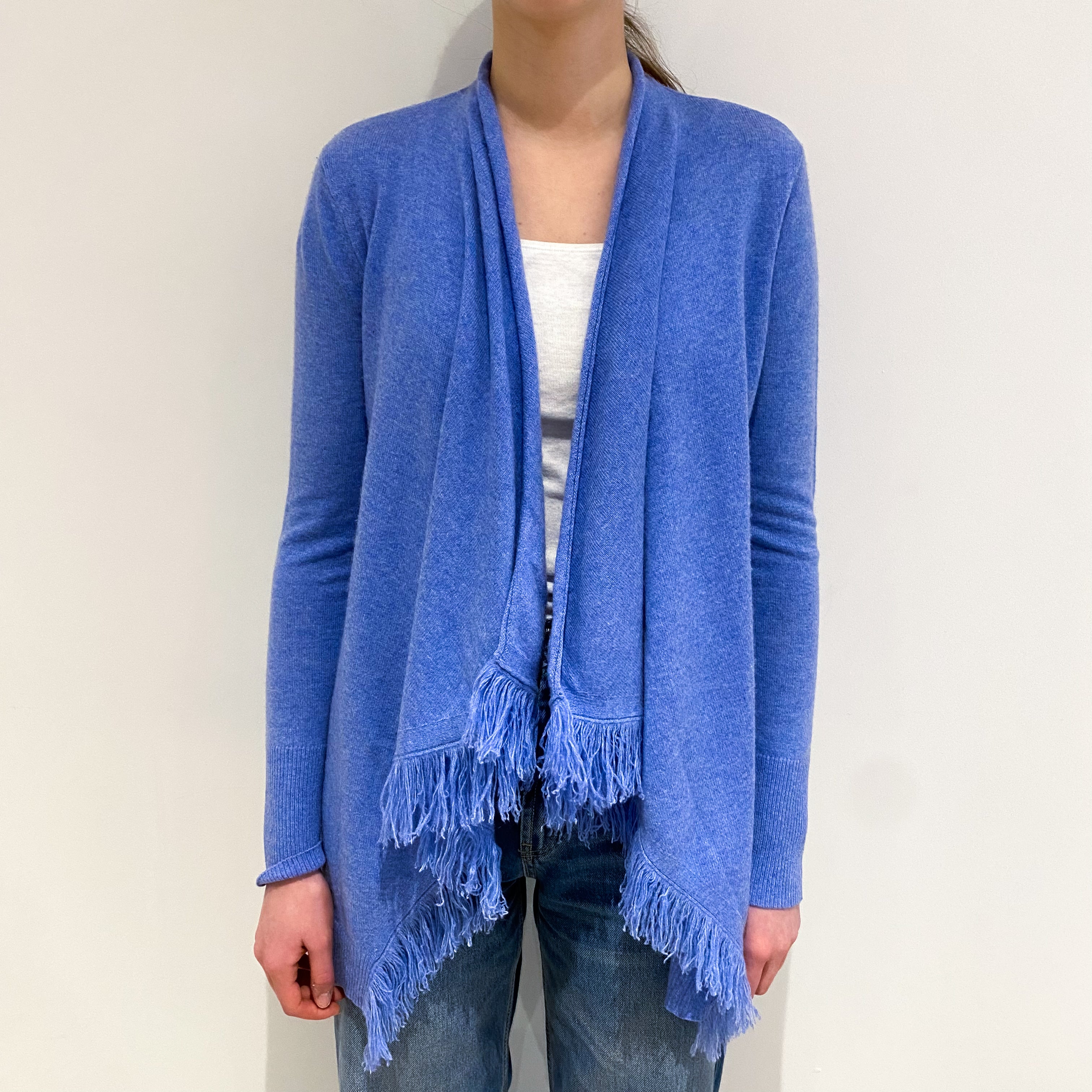 Cornflower Blue Cashmere Fringed Waterfall Cardigan Extra Small