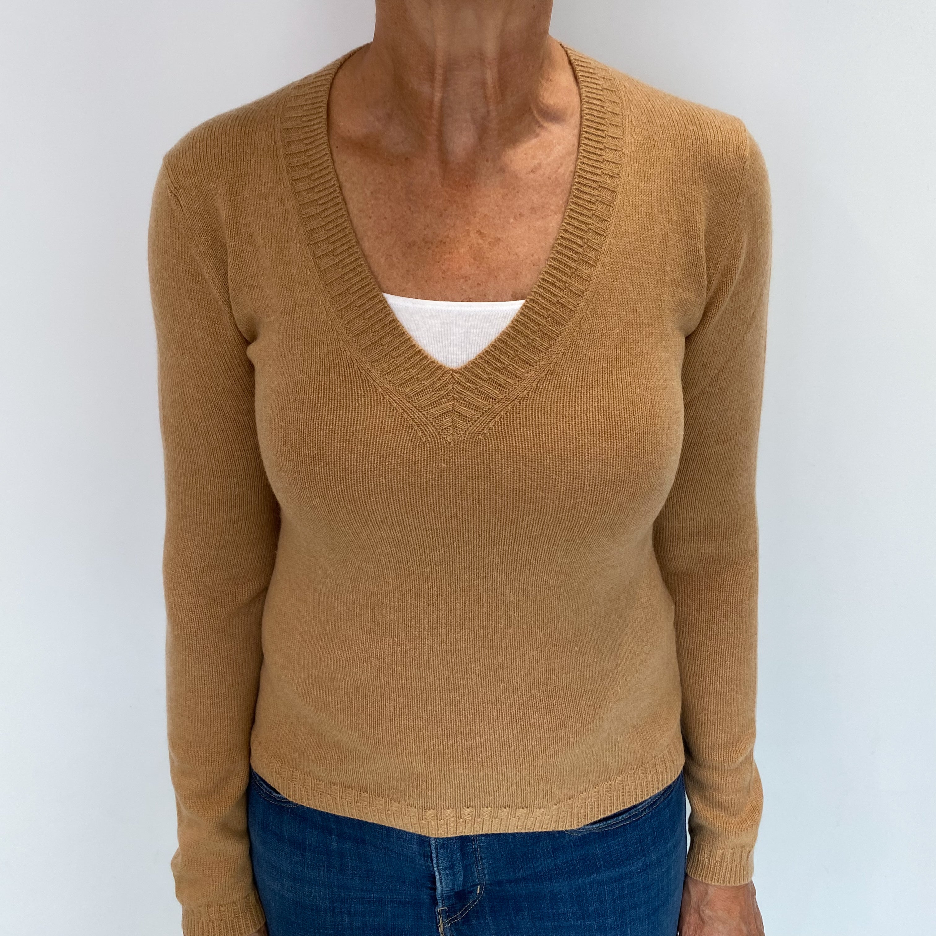 Butterscotch Brown Cashmere V Neck Jumper Medium