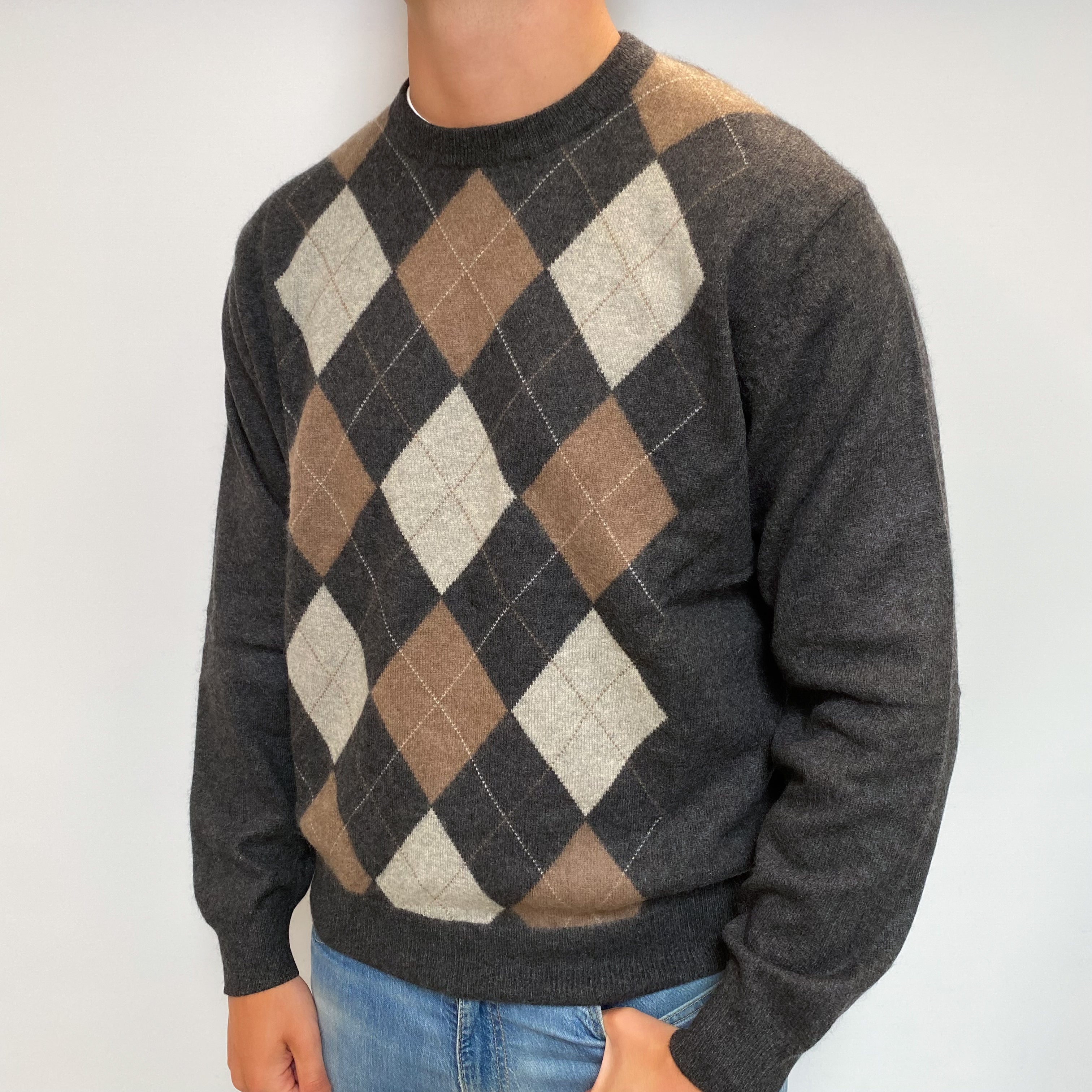 Men's Charcoal Grey Argyle Cashmere Crew Neck Jumper XL
