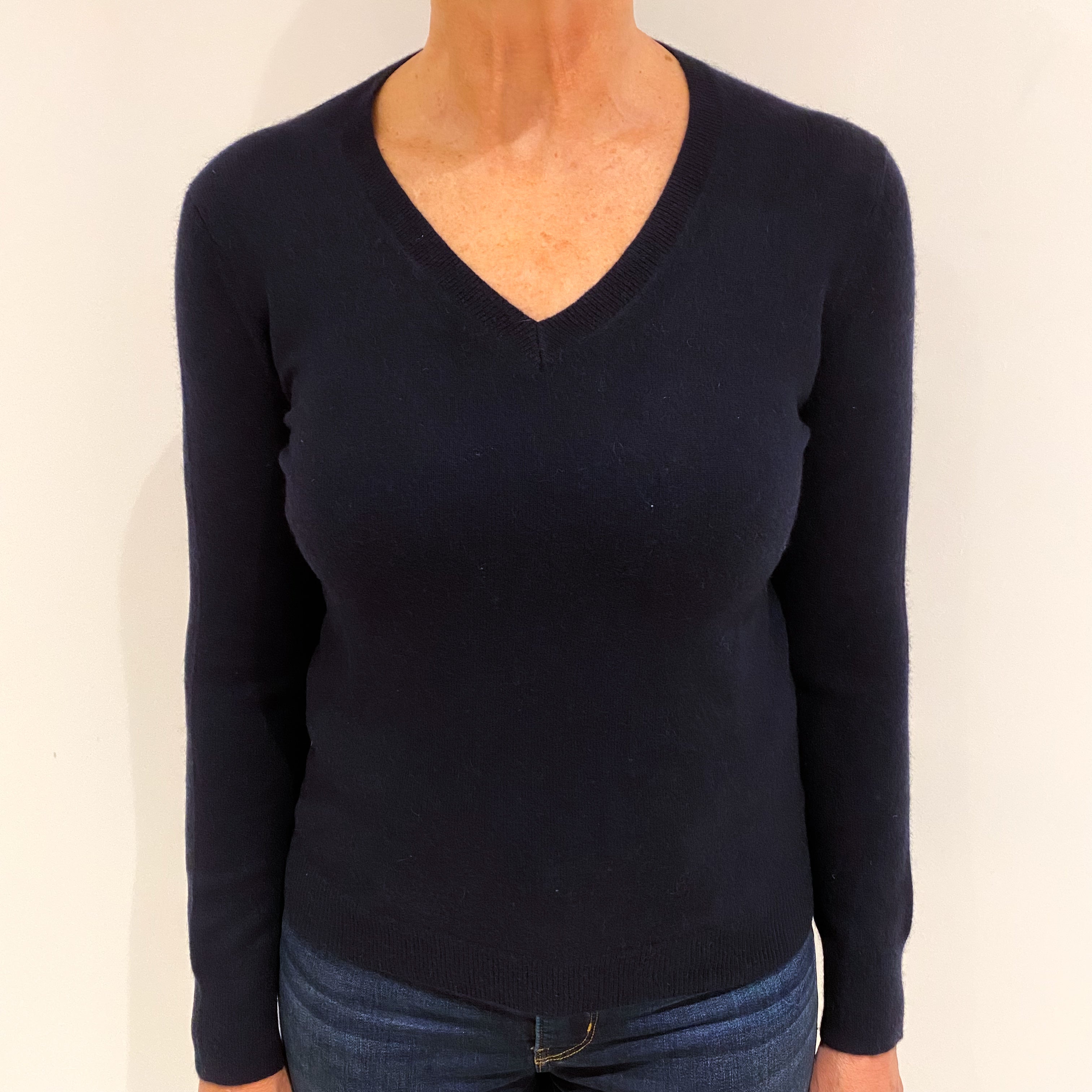 Dark Navy Blue Cashmere V Neck Jumper Medium