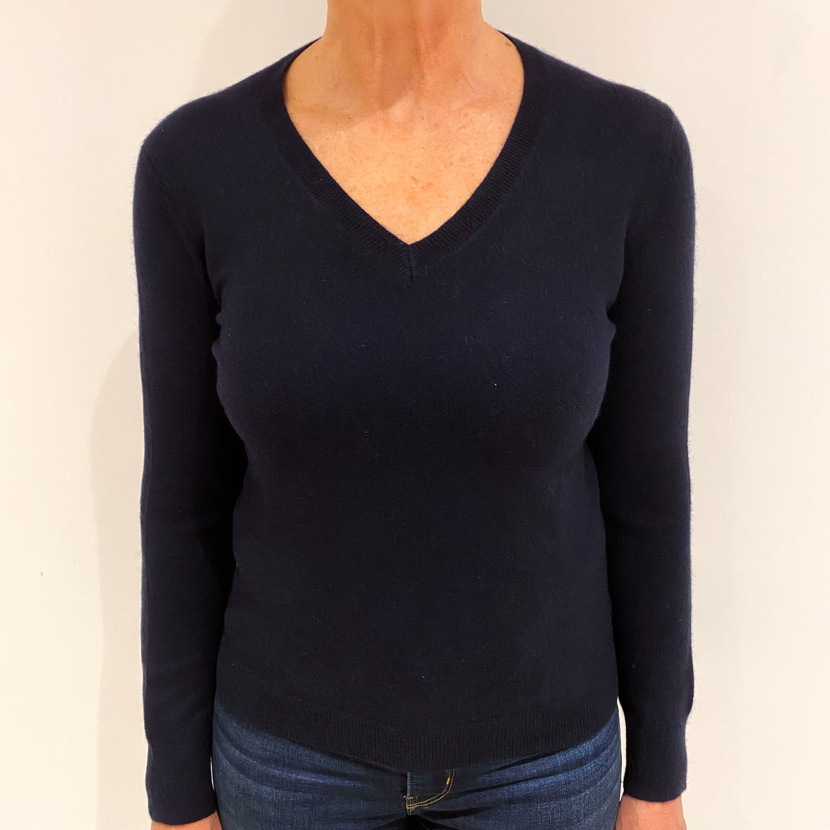Dark Navy Blue Cashmere V Neck Jumper Medium