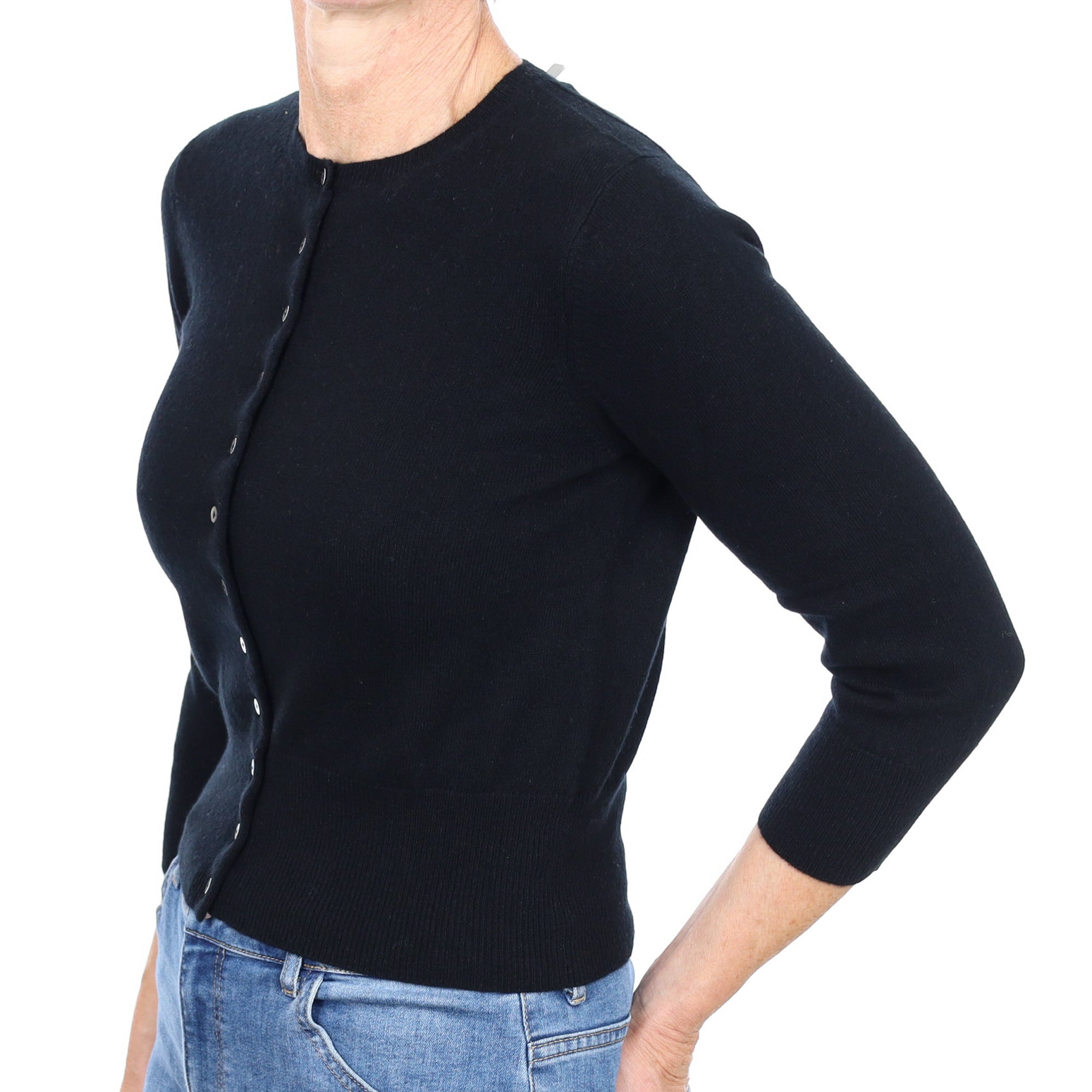New Black Cashmere Crew Neck Cardigan Small