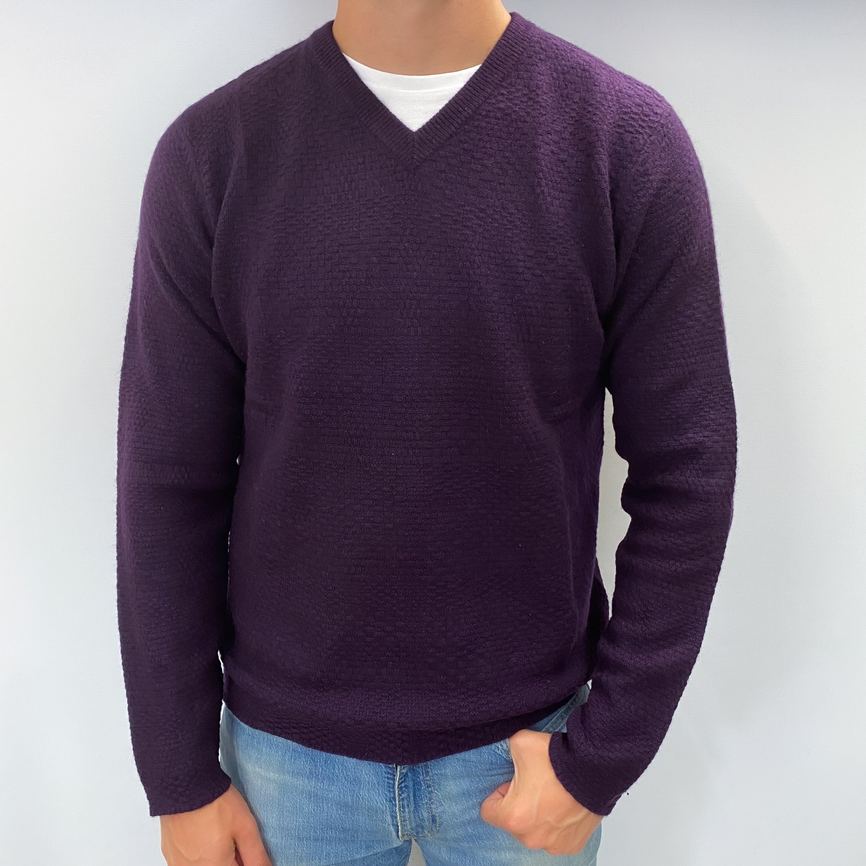 Men's Aubergine Purple Cashmere V Neck Jumper XL