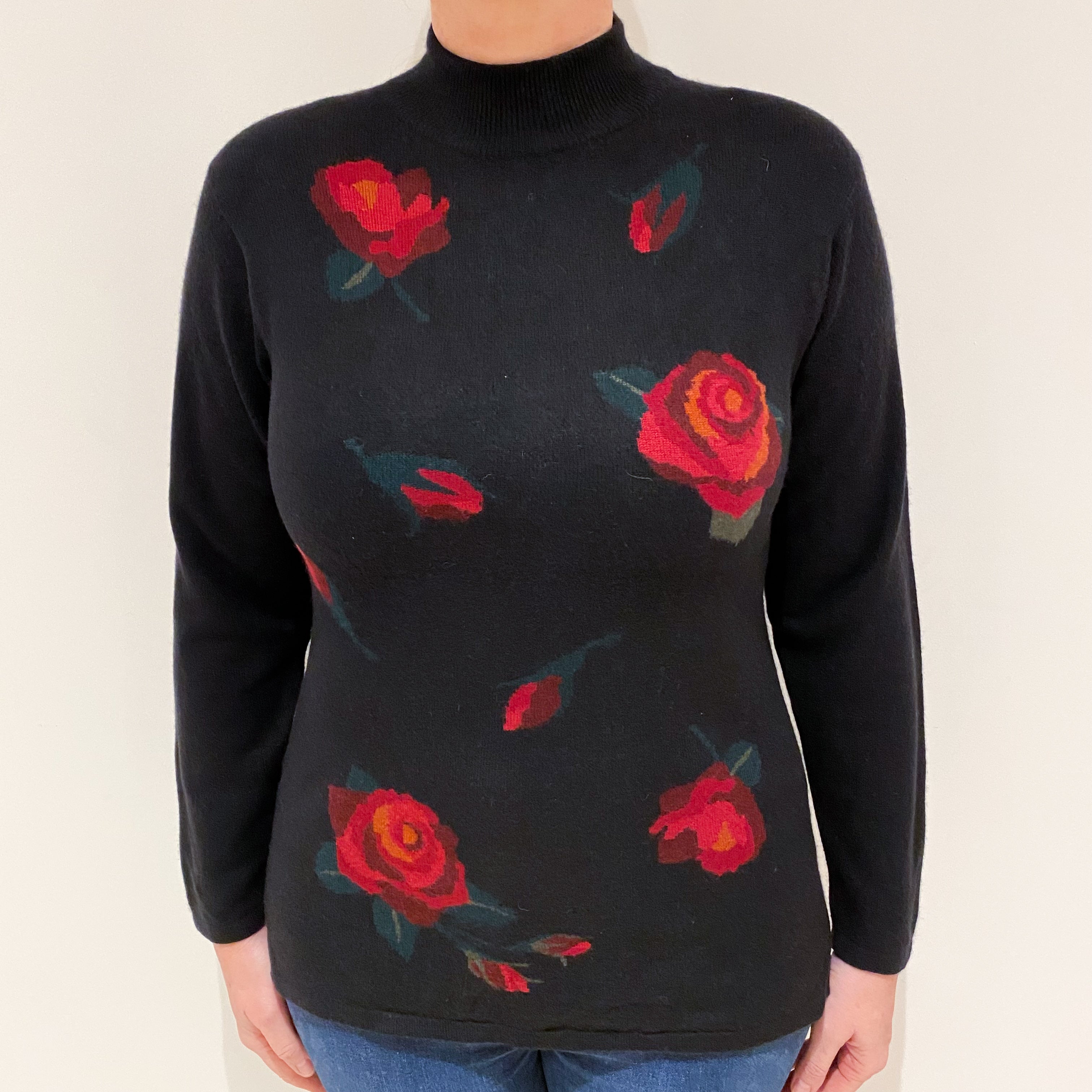 Black Red Floral Cashmere Turtle Neck Jumper Large