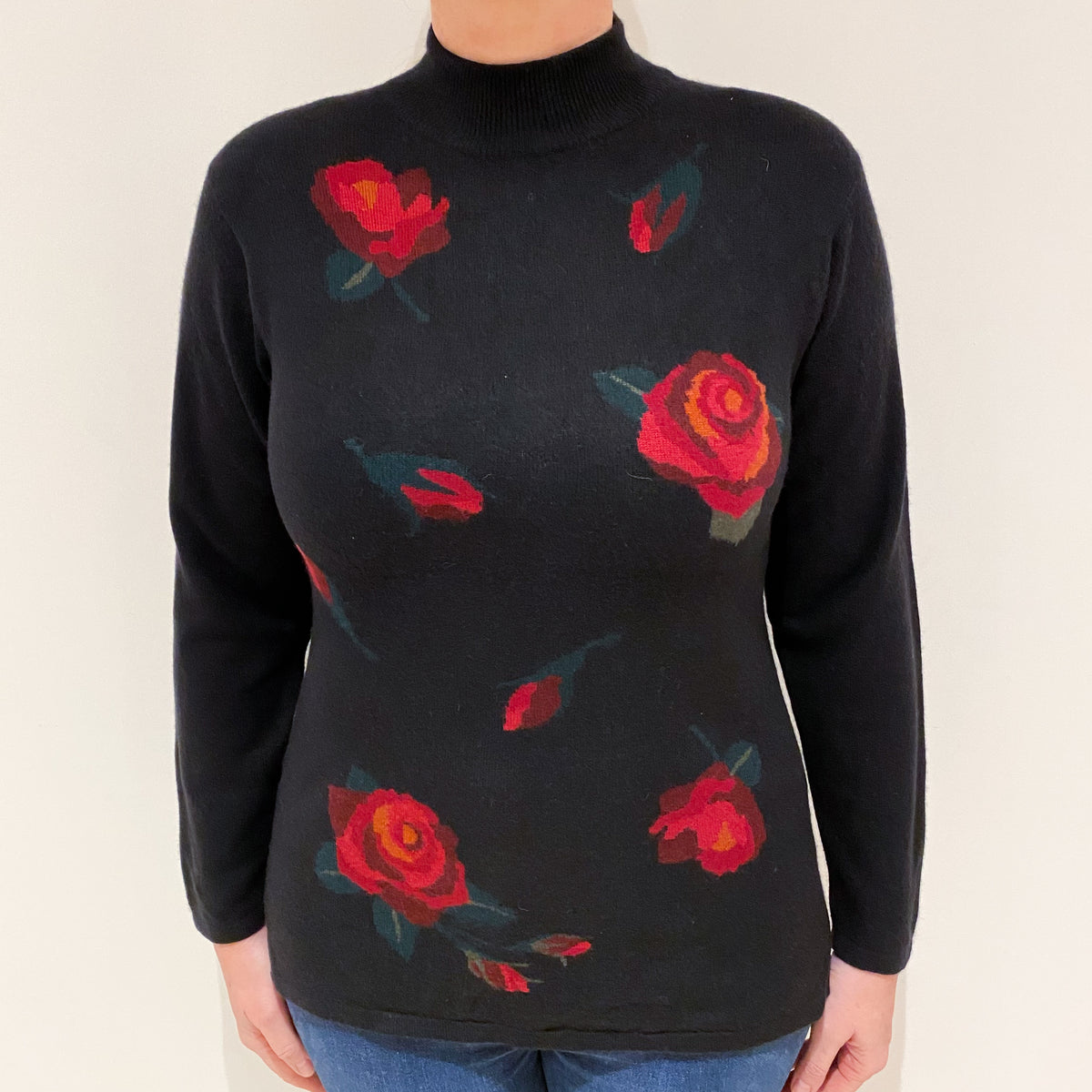 Black Red Floral Cashmere Turtle Neck Jumper Large