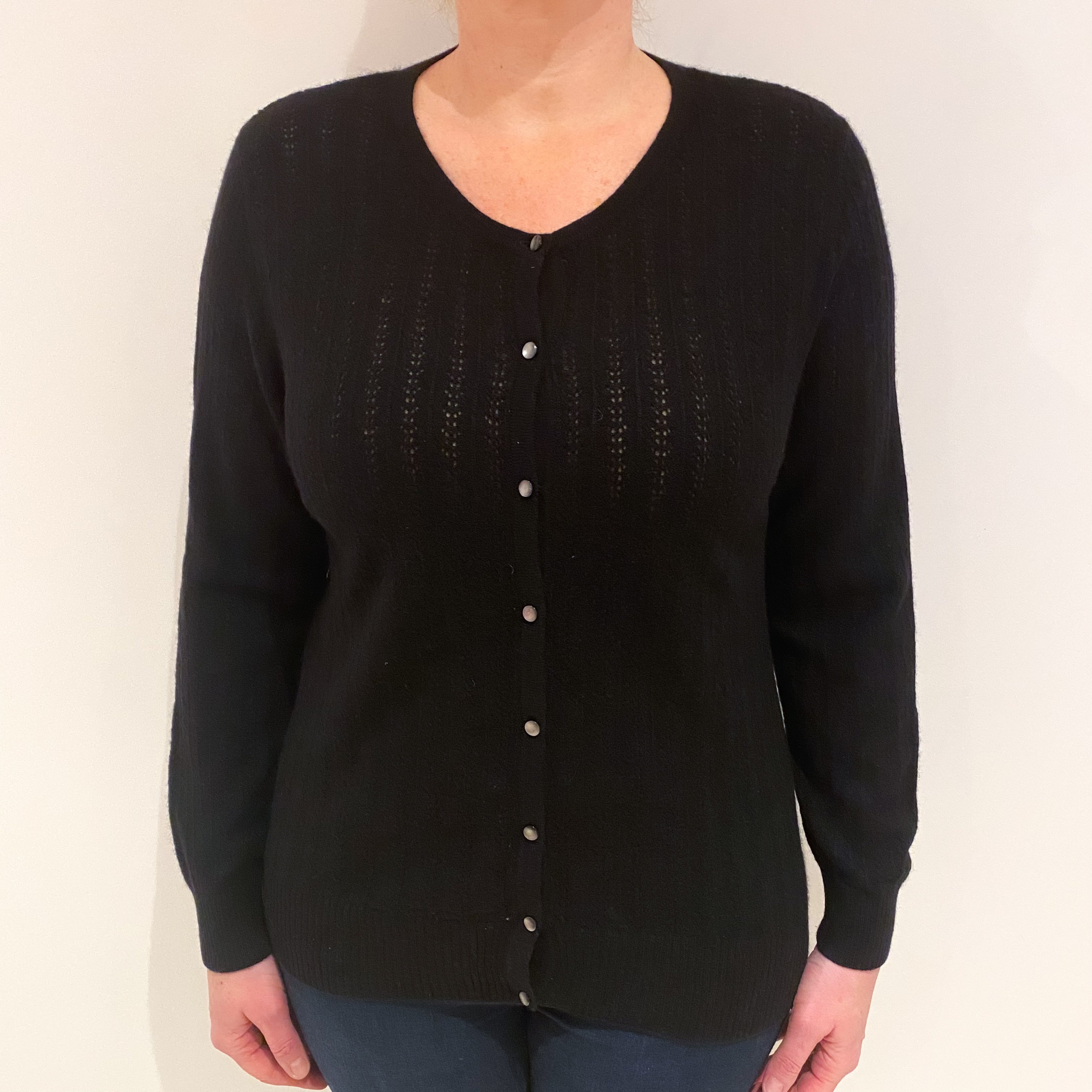Black Lacy Cashmere Crew Cardigan Large