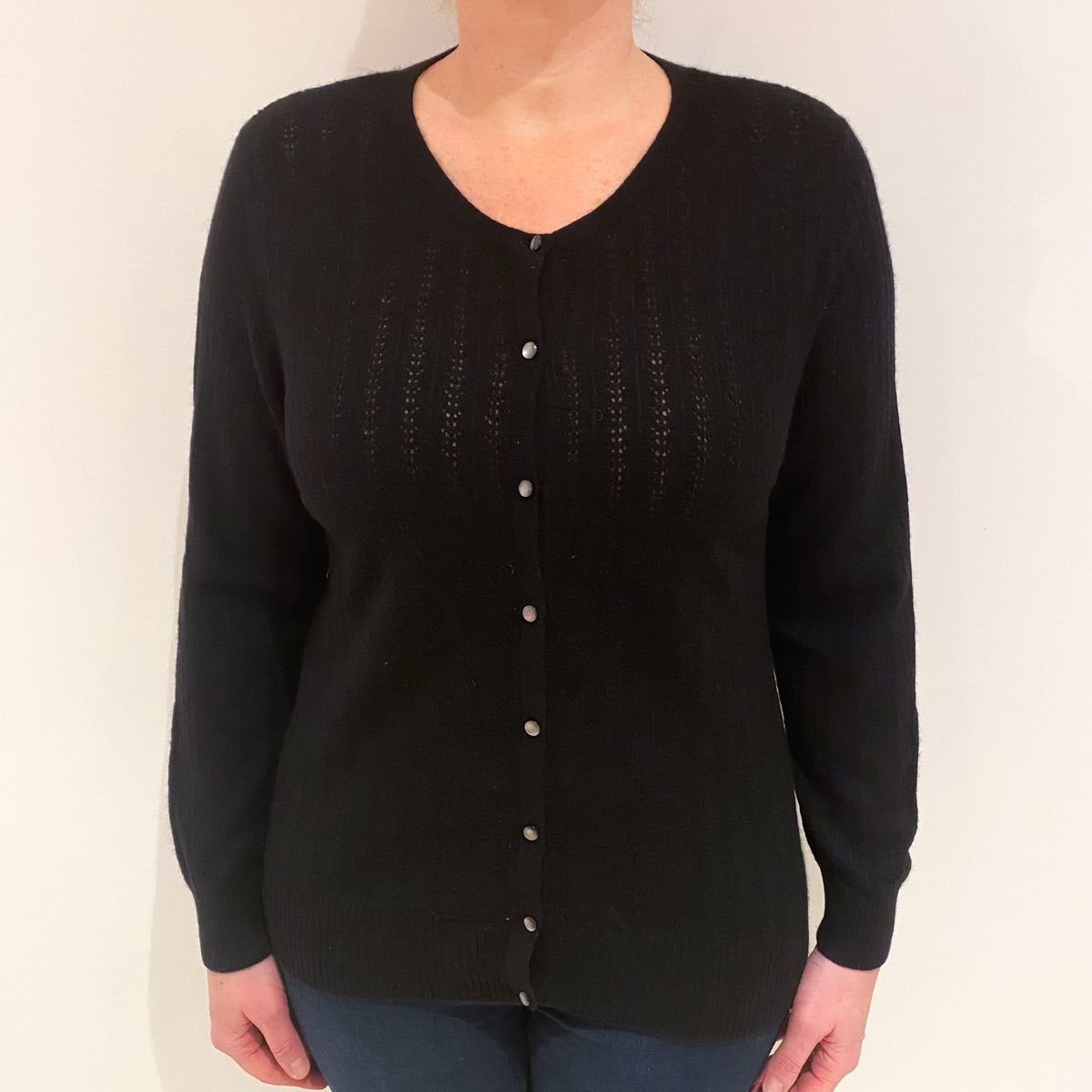 Black Lacy Cashmere Crew Cardigan Large