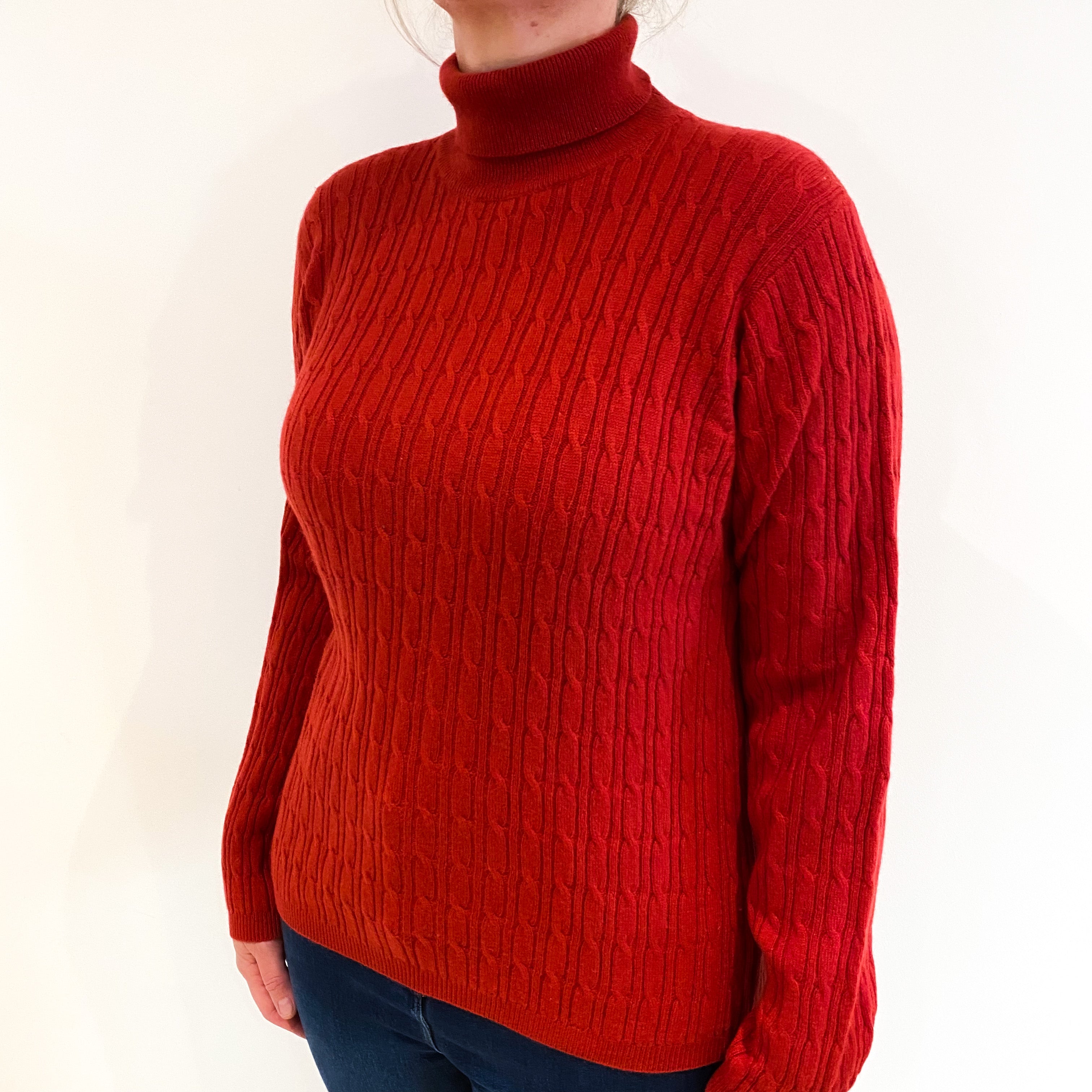 Scarlet Red Cable Knit Cashmere Polo Neck Jumper Large