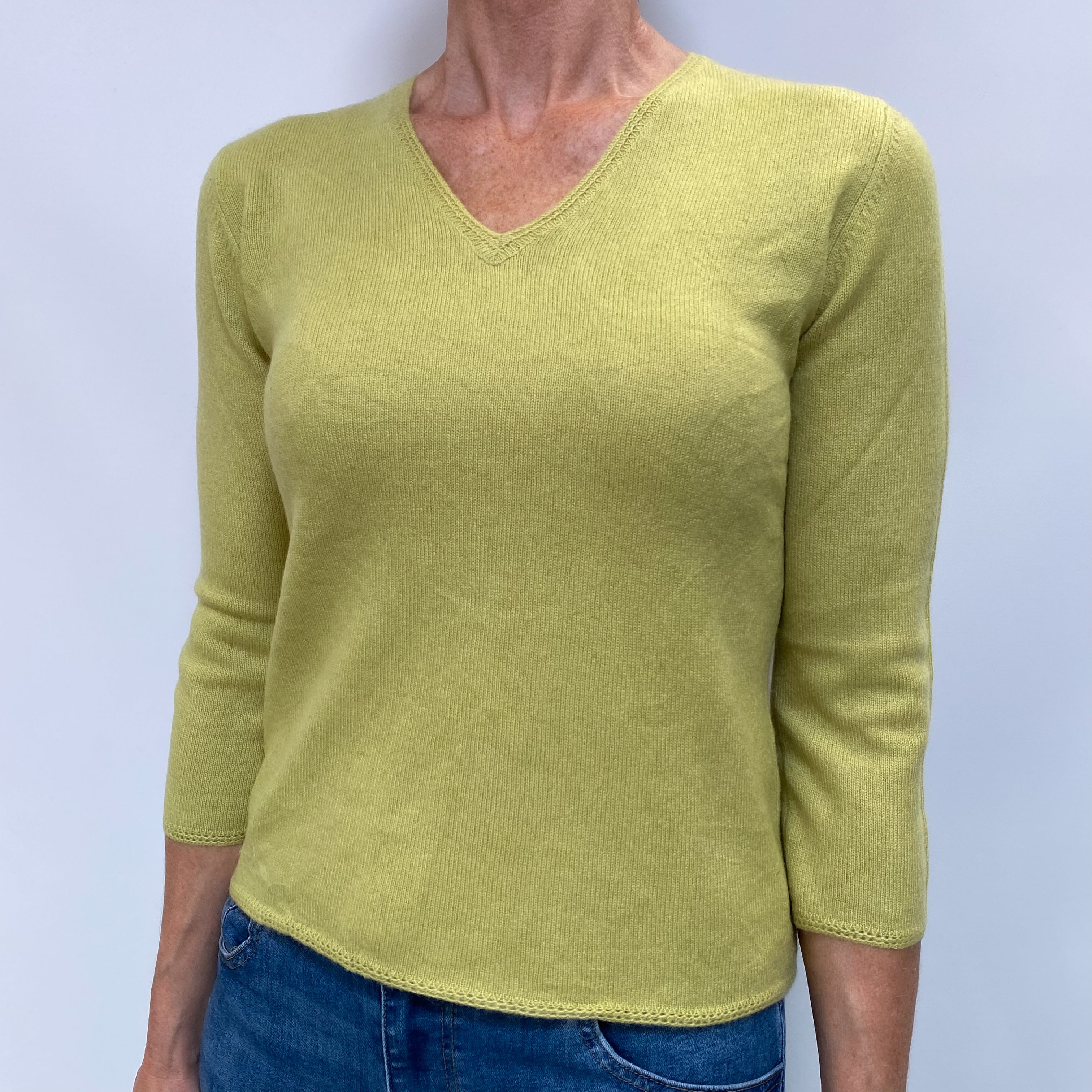 Lime Green Cashmere V Neck Jumper Small